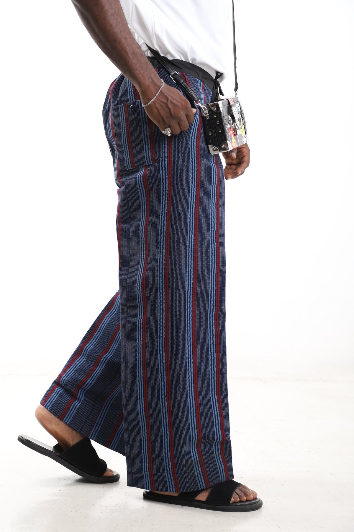 King Kaftan Striped Hand-Woven Cotton Aso-Oke Wide-Leg Pants – Side View – African men's fashion Nigeria