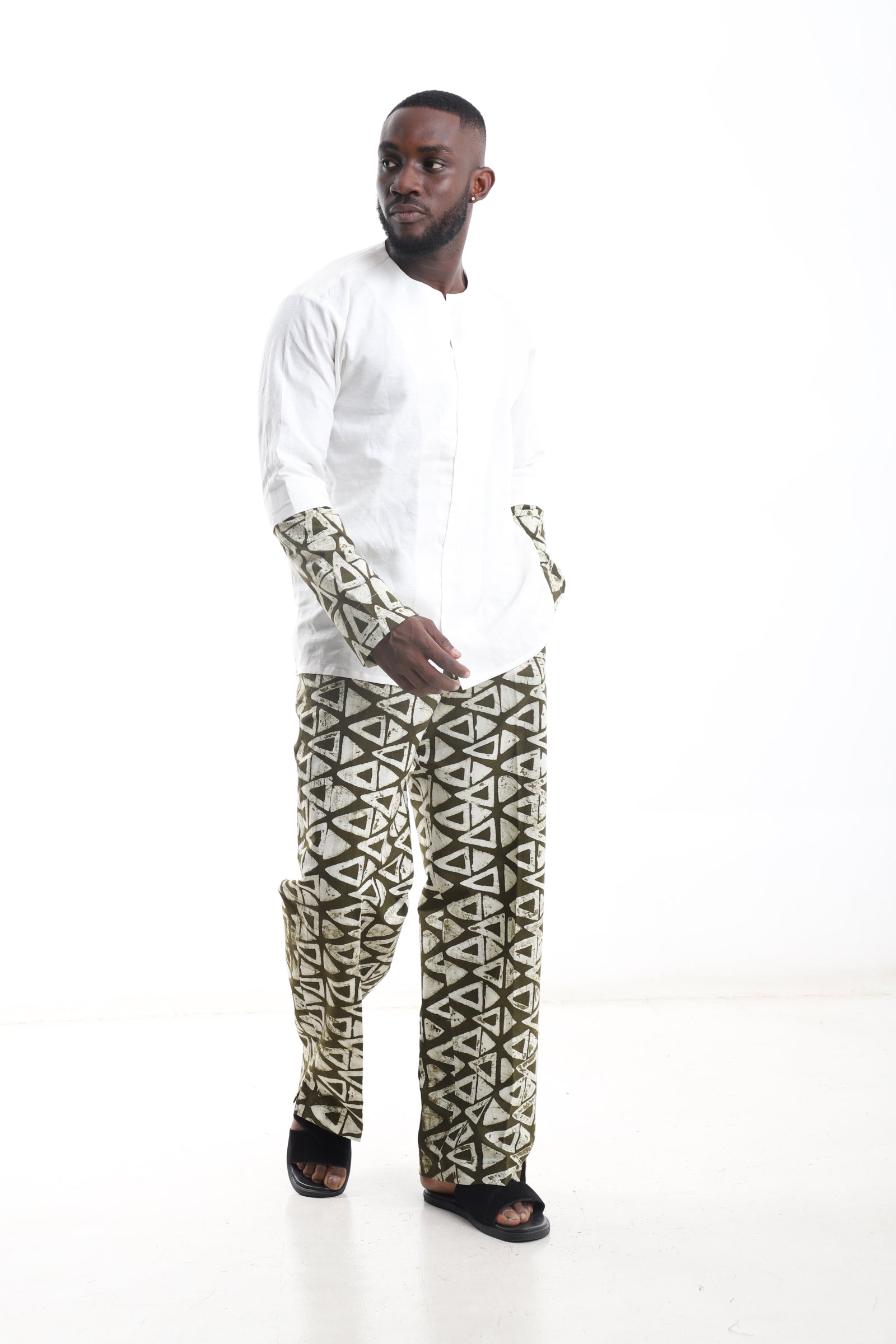 Adire Pants & Linen Shirt Set – Olive Geometric Print