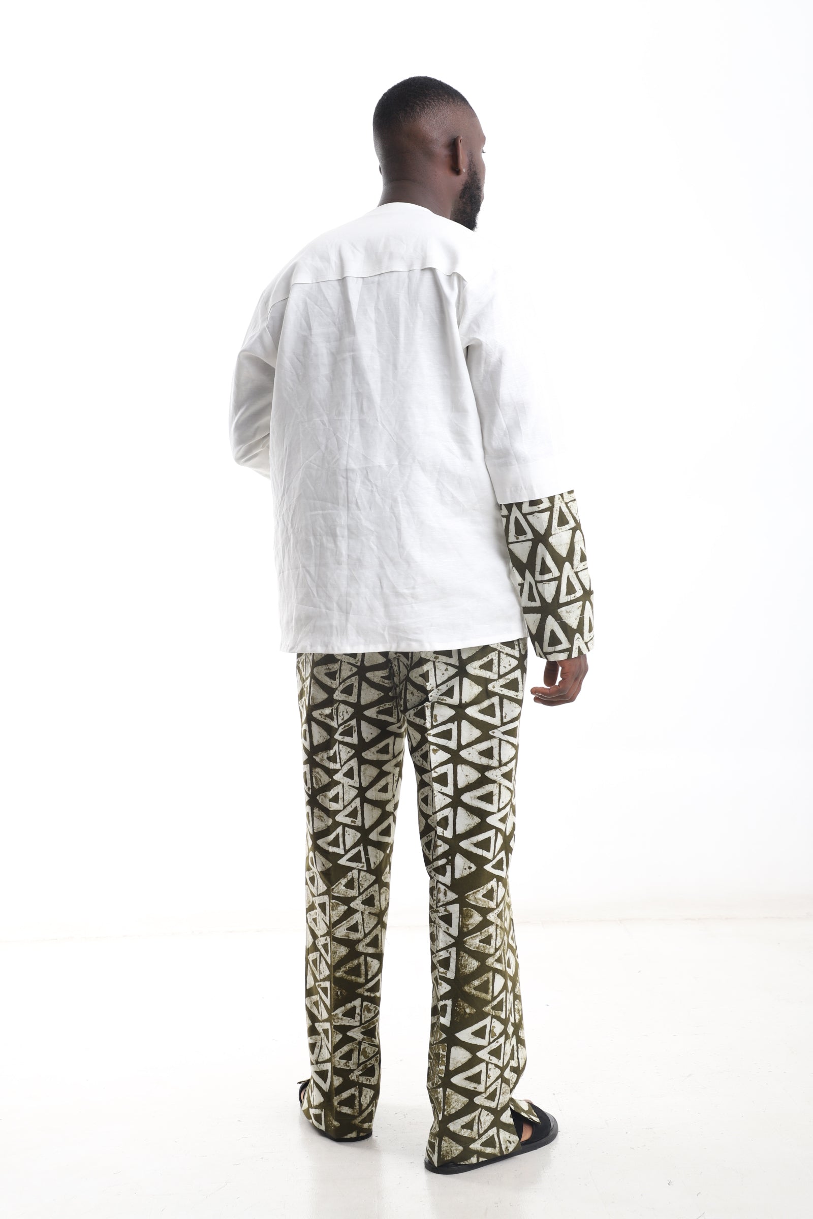Adire Pants & Linen Shirt Set – Olive Geometric Print