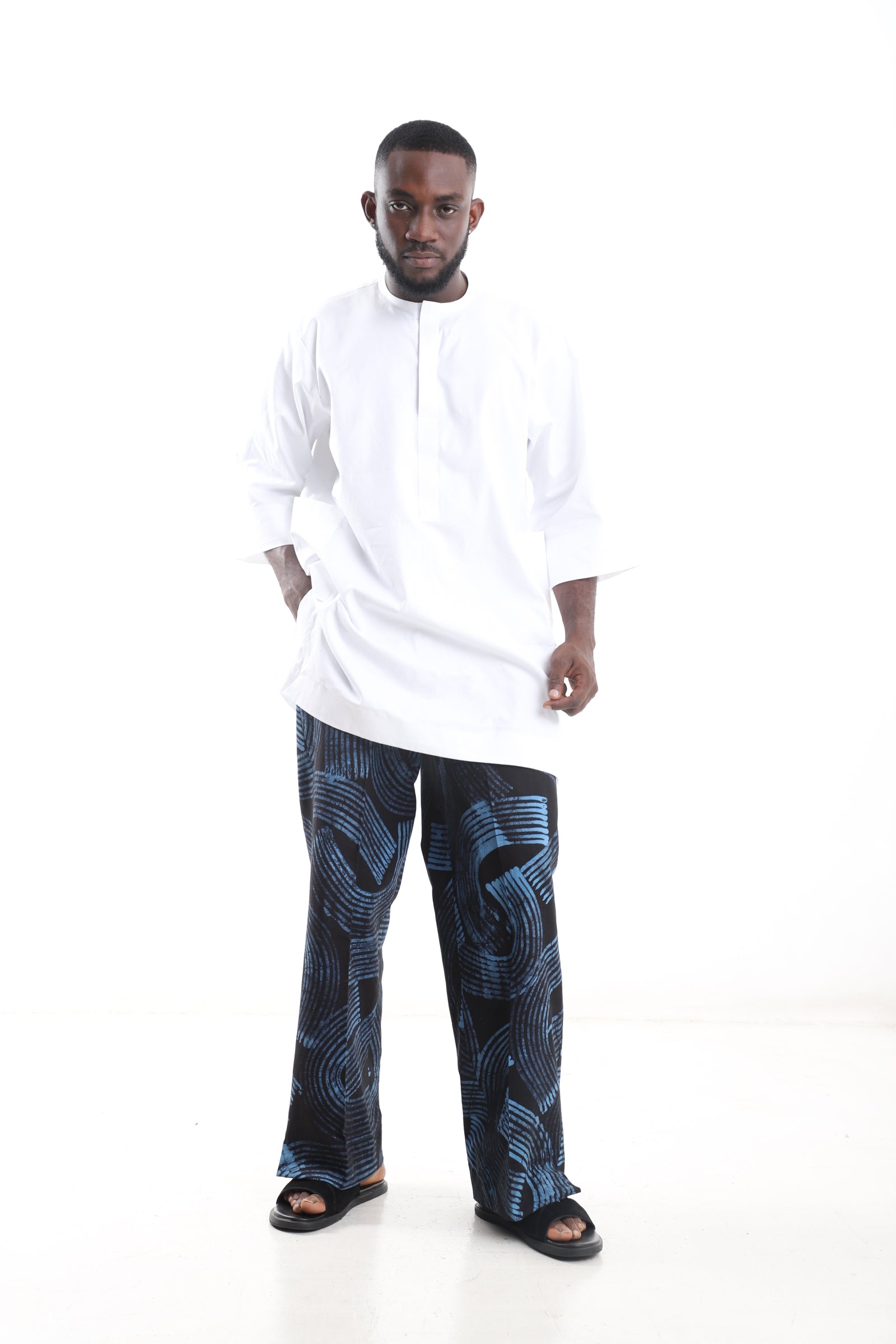 Adire Pants & White Tunic Top Set