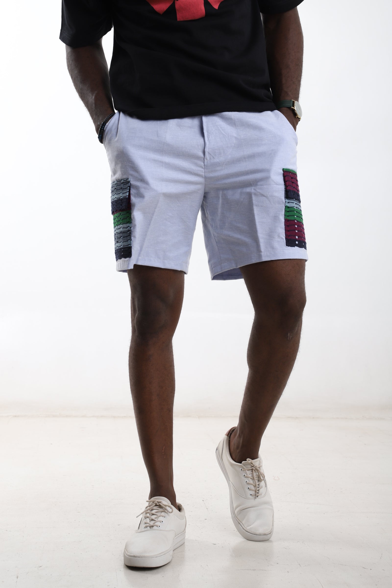 Men’s Luxury Linen Shorts with African Patch Detail – Light Blue