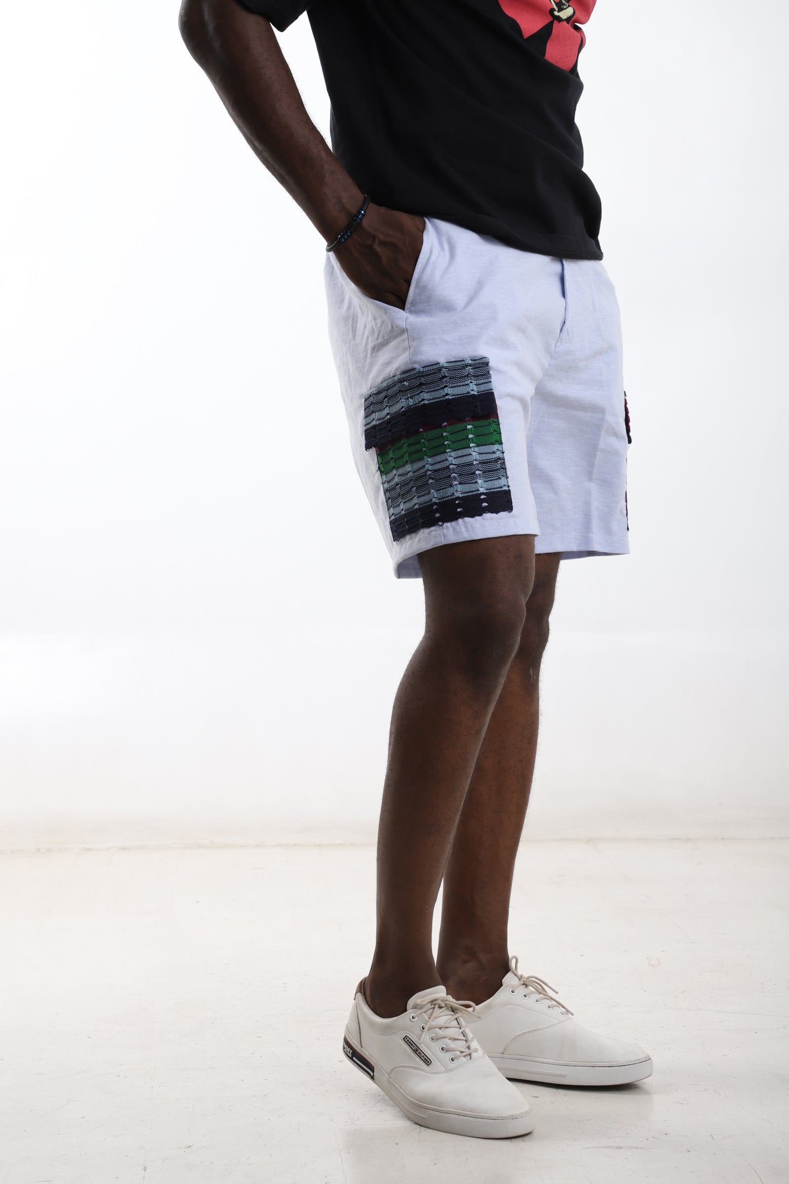 Men’s Luxury Linen Shorts with African Patch Detail – Light Blue