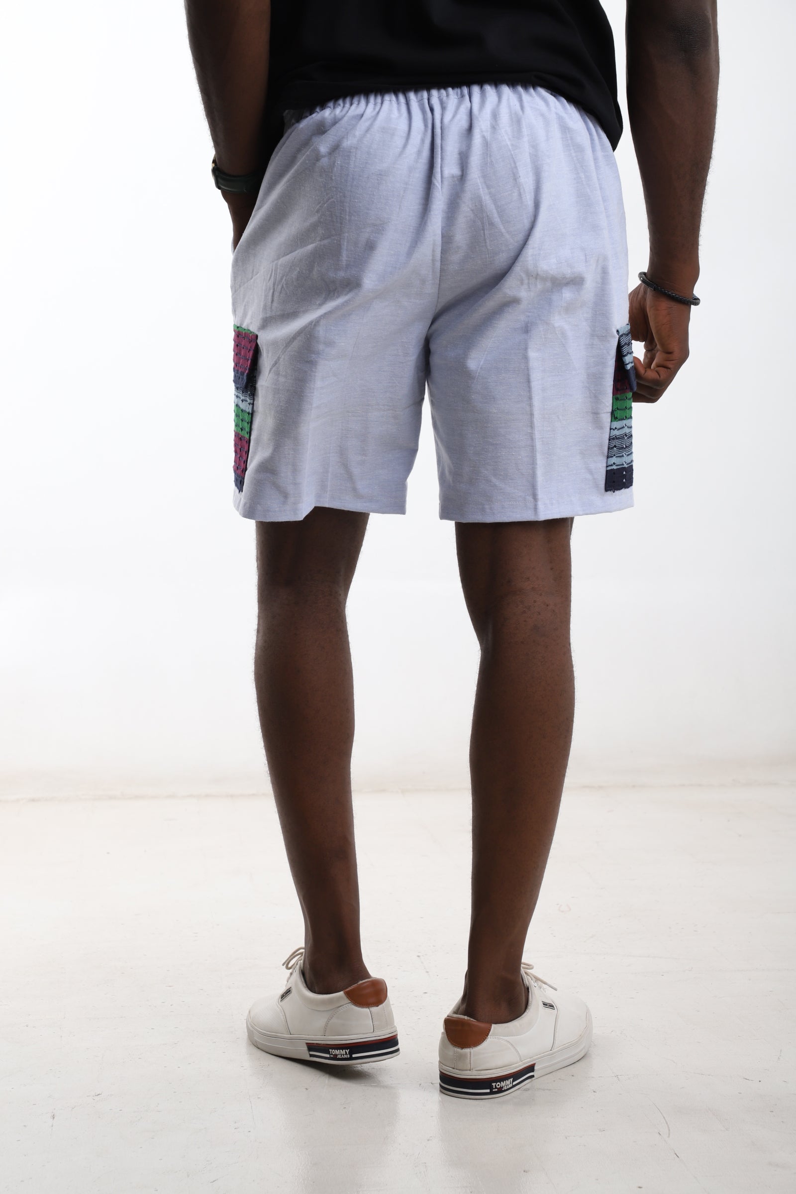 Men’s Luxury Linen Shorts with African Patch Detail – Light Blue