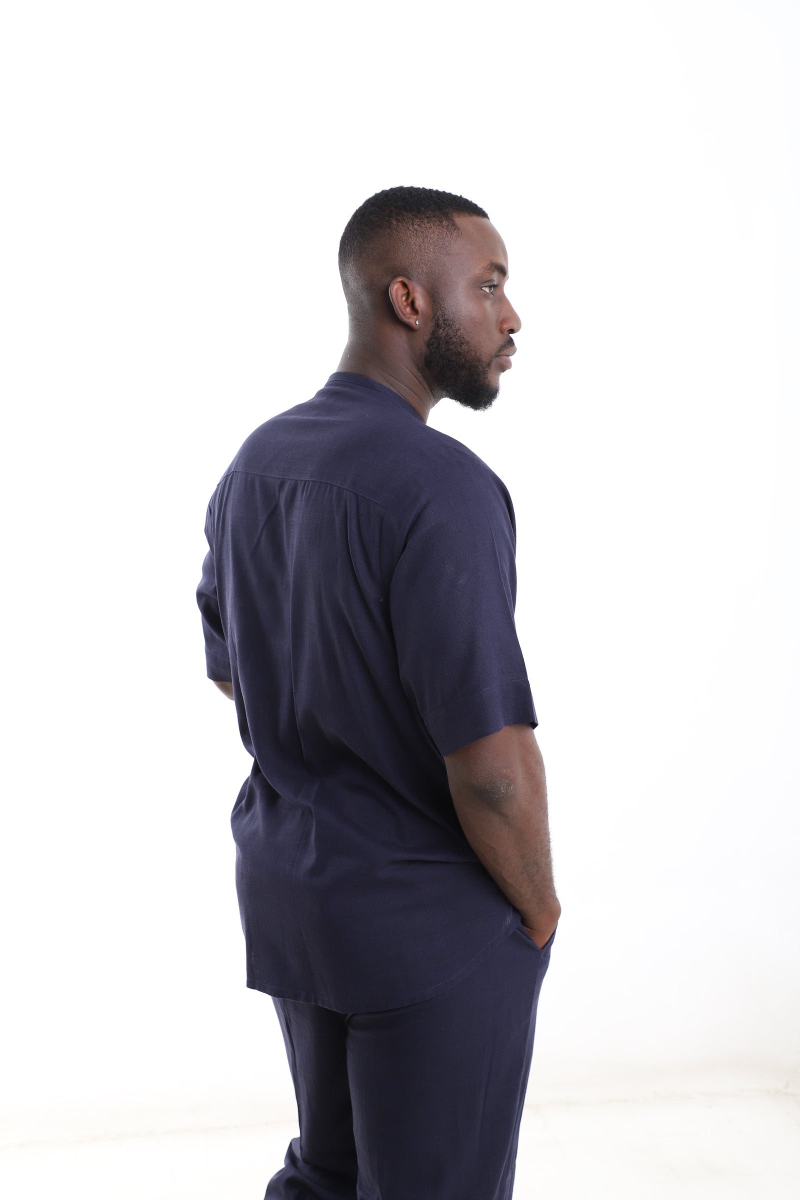 Navyblue Linen- Aso-Oke Detail Shirt