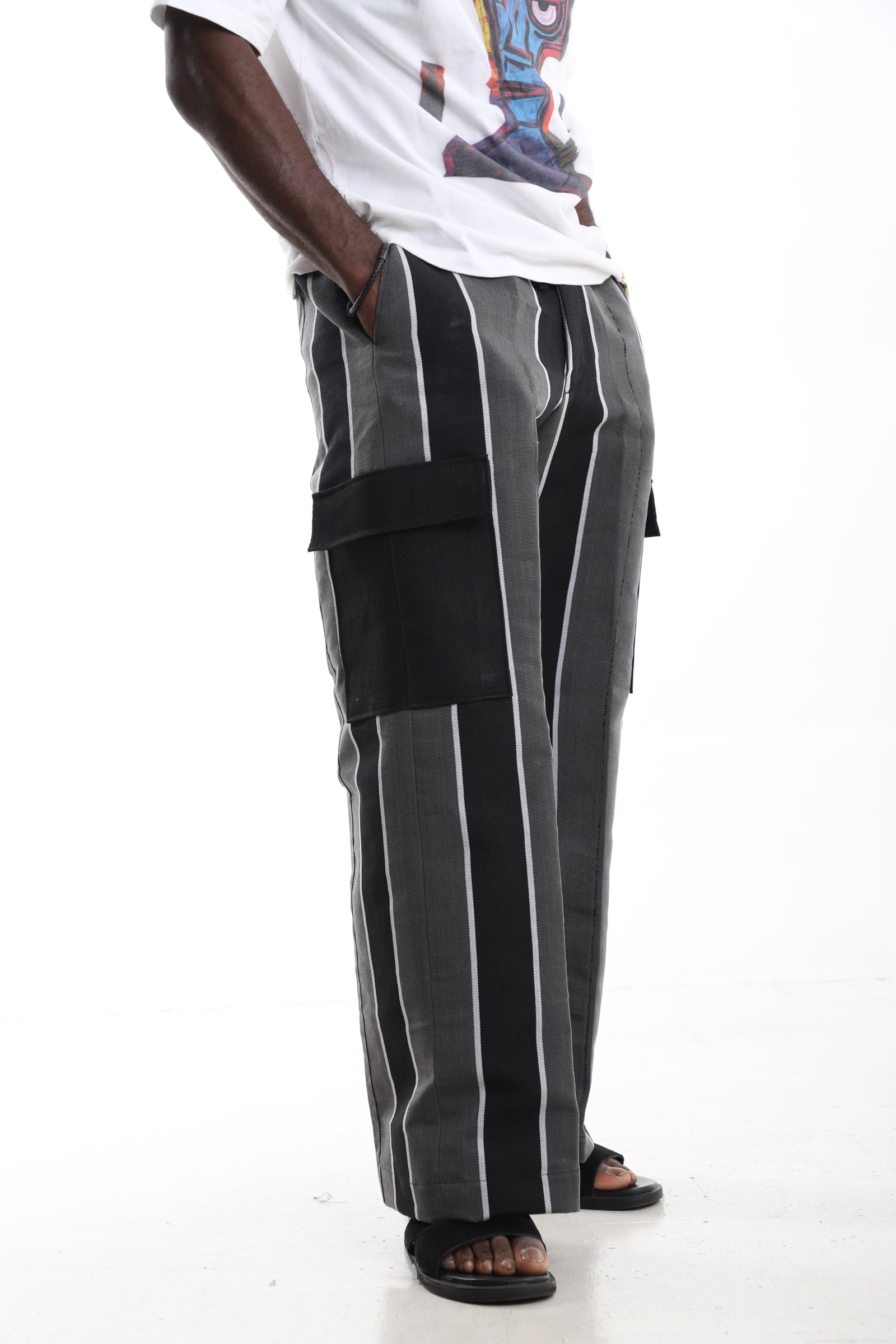The Charcoal Monochrome | Hand-Woven Aso-Oke Striped Cargo Trousers