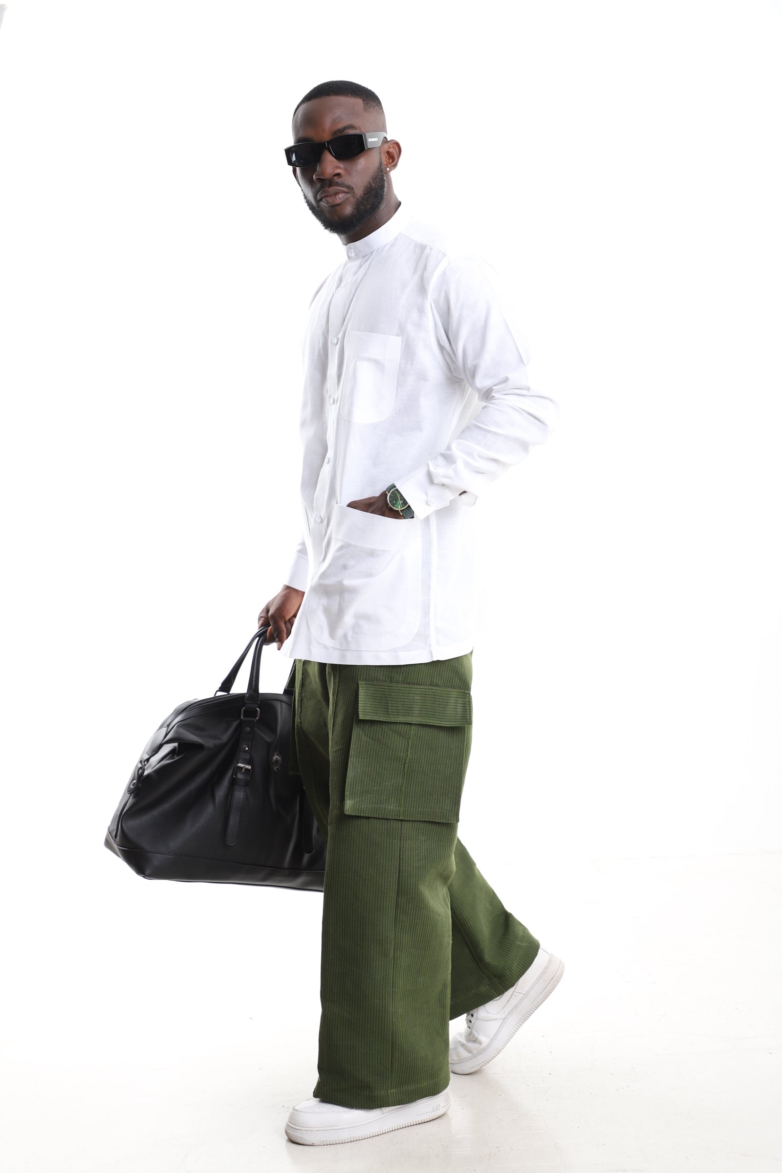 The Verdant Heritage Ensemble | Olive Aso Oke Cargoes & Alabaster Mandarin Shirt