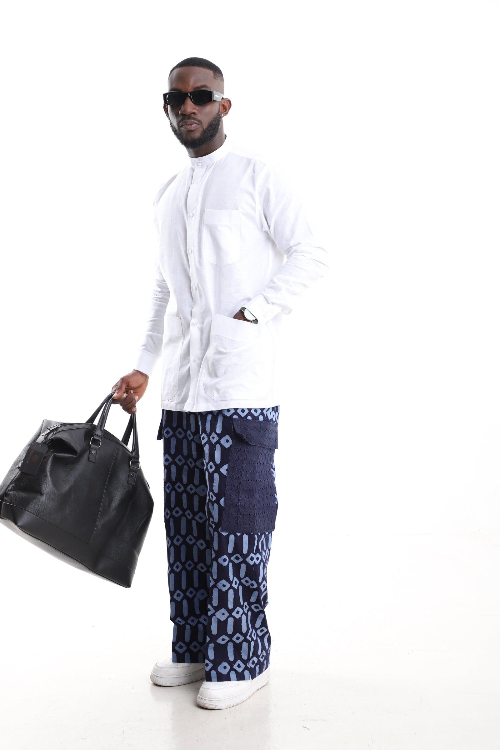 Hand-Dyed Adire Cargo Trousers & Mandarin Linen Shirt