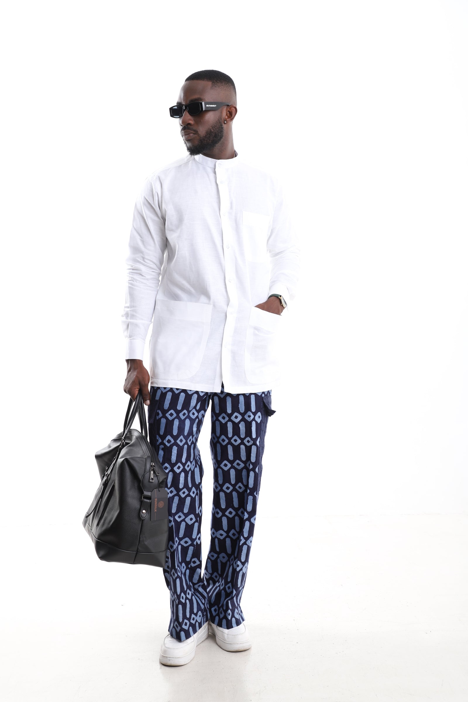 Hand-Dyed Adire Cargo Trousers & Mandarin Linen Shirt