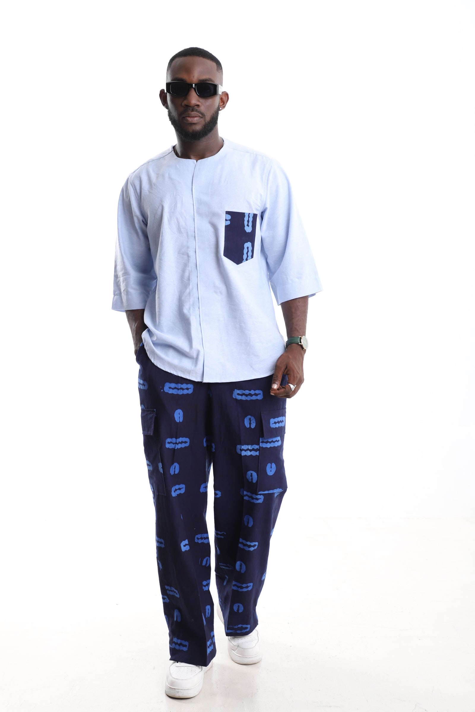 The Azure Artisan | Adire Cargo Trousers & Sky Blue Linen Tunic