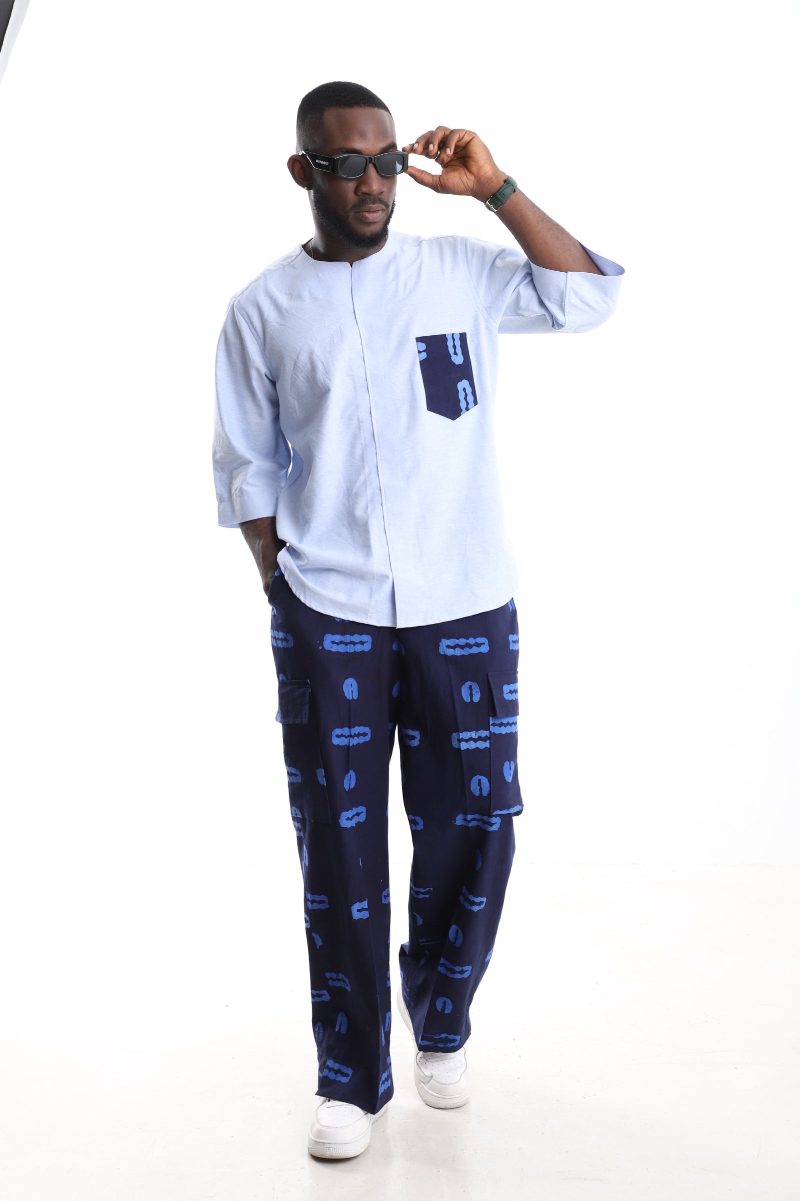 The Azure Artisan | Adire Cargo Trousers & Sky Blue Linen Tunic