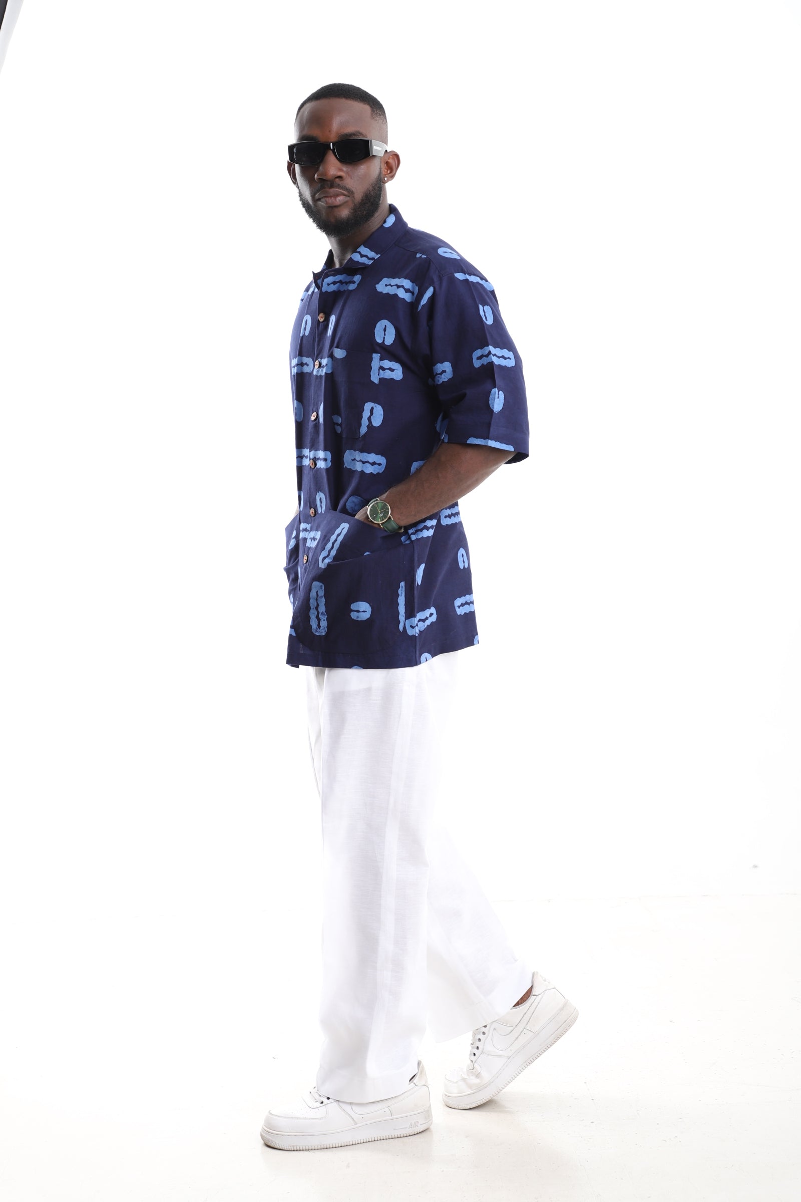 Hand-Dyed Adire Shirt & Tailored Linen Trousers