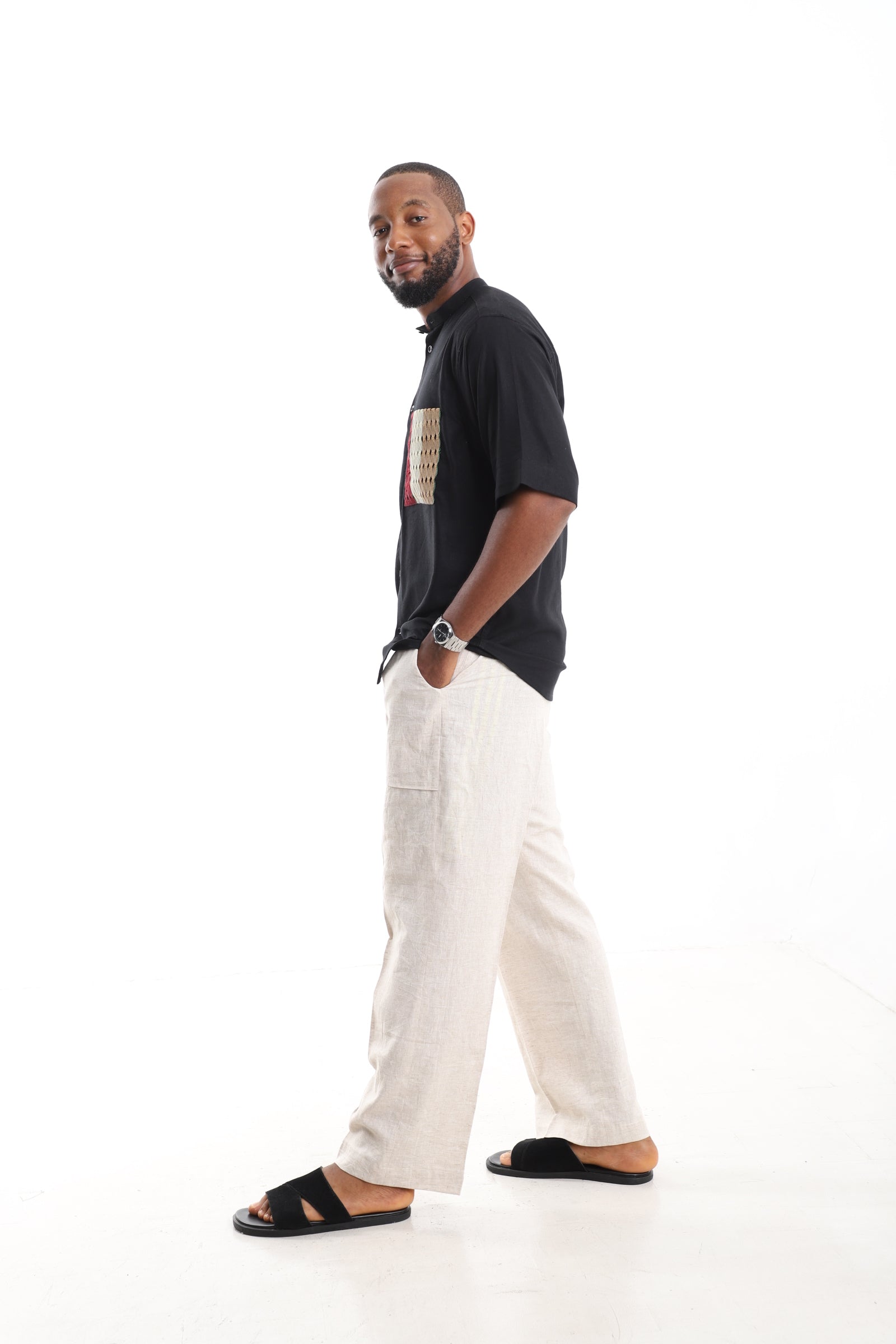 Premium Black Linen Tunic with Artisanal Aso Oke Pocket