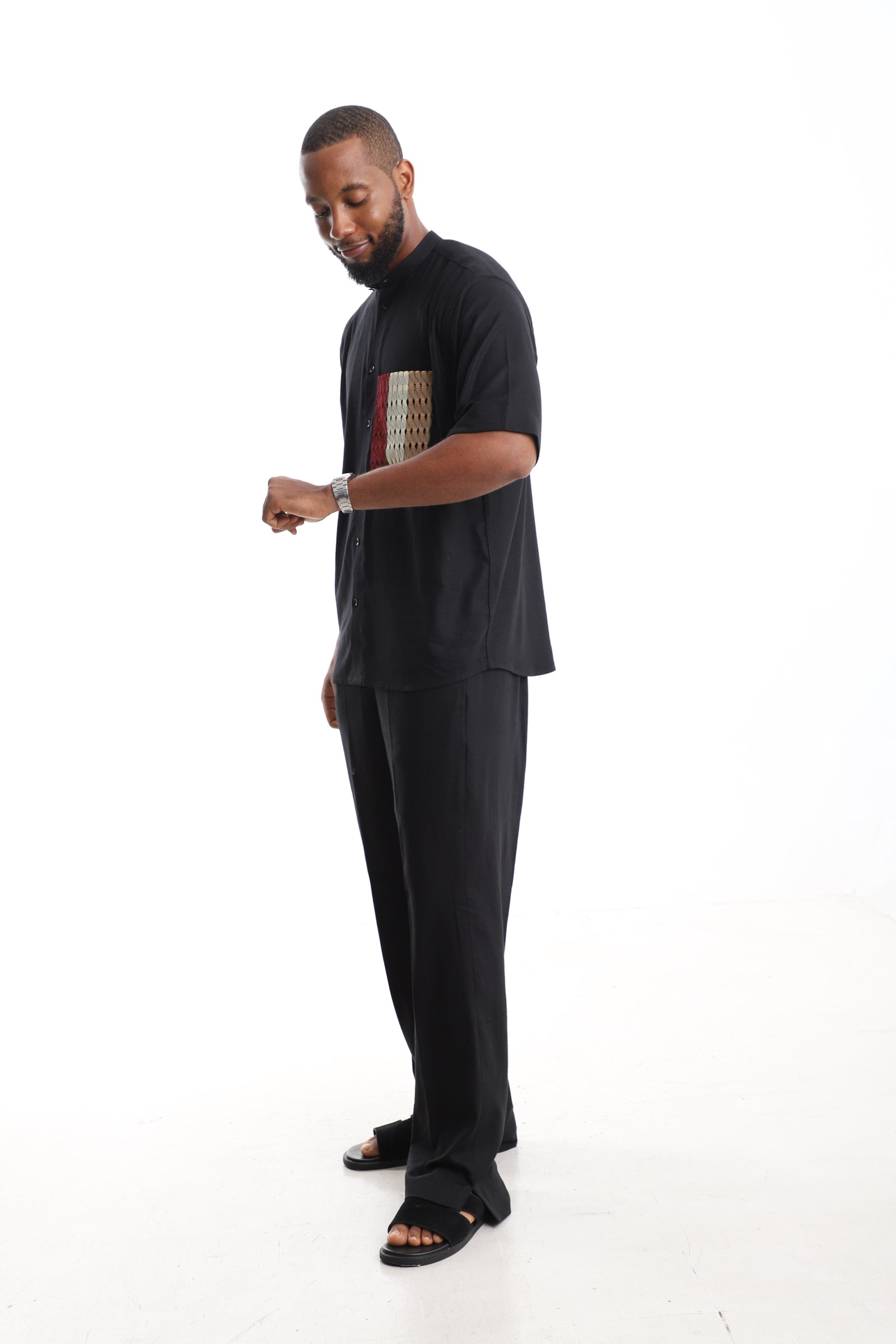 Premium Black Linen Tunic & Trousers with Aso Oke Accent