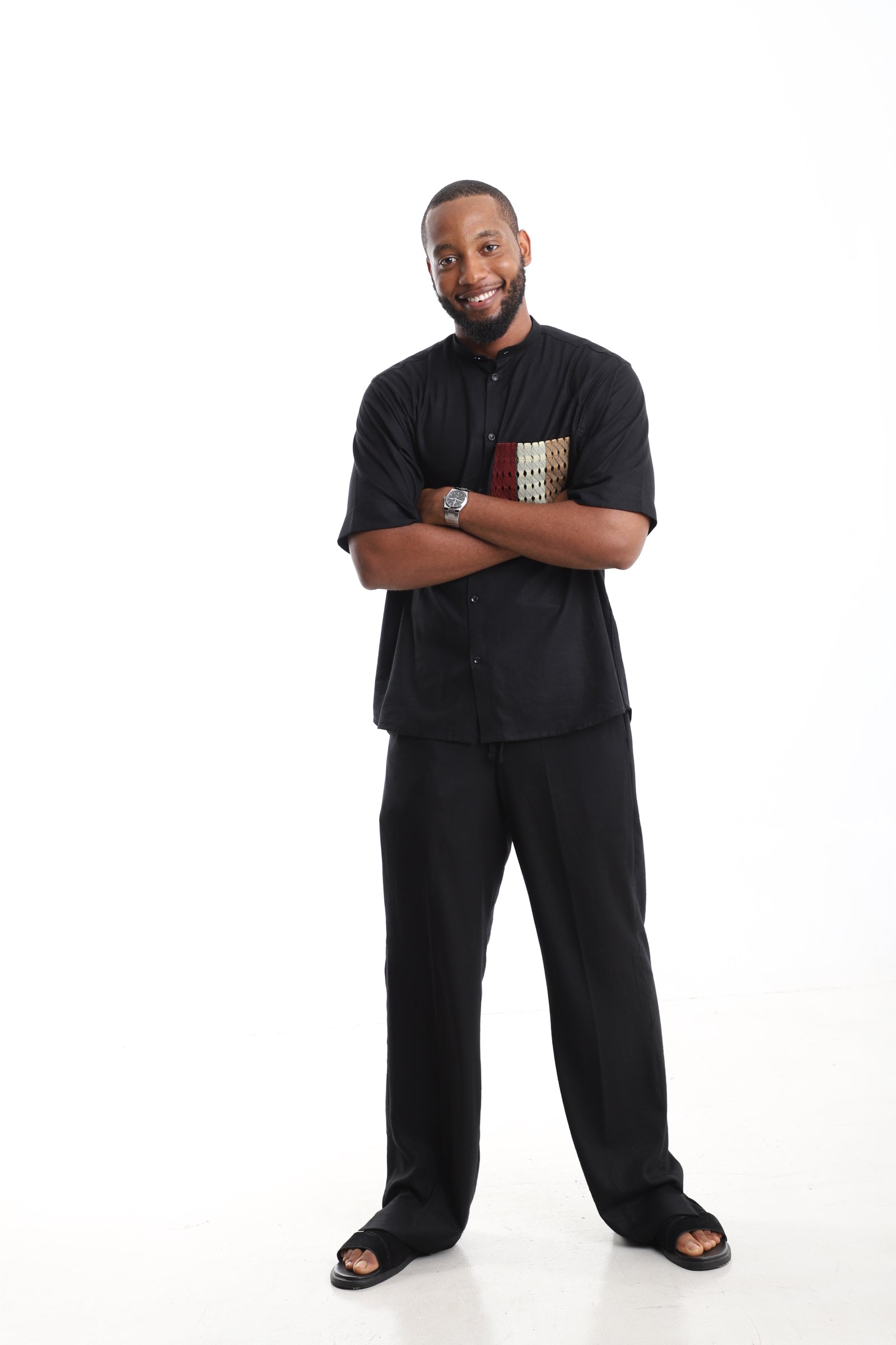 Premium Black Linen Tunic & Trousers with Aso Oke Accent
