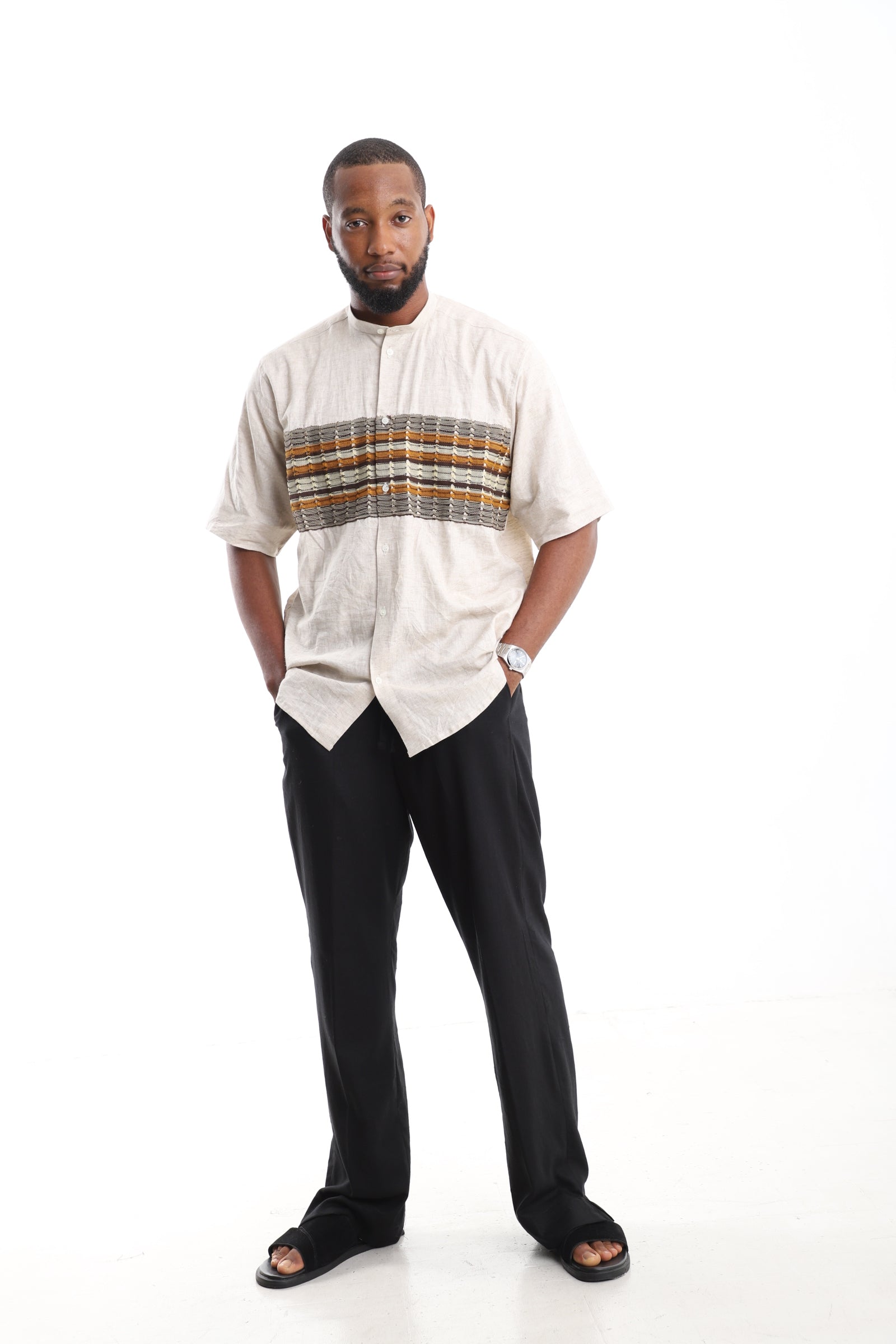 Premium Linen Mandarin Shirt with Artisanal Aso Oke Panel