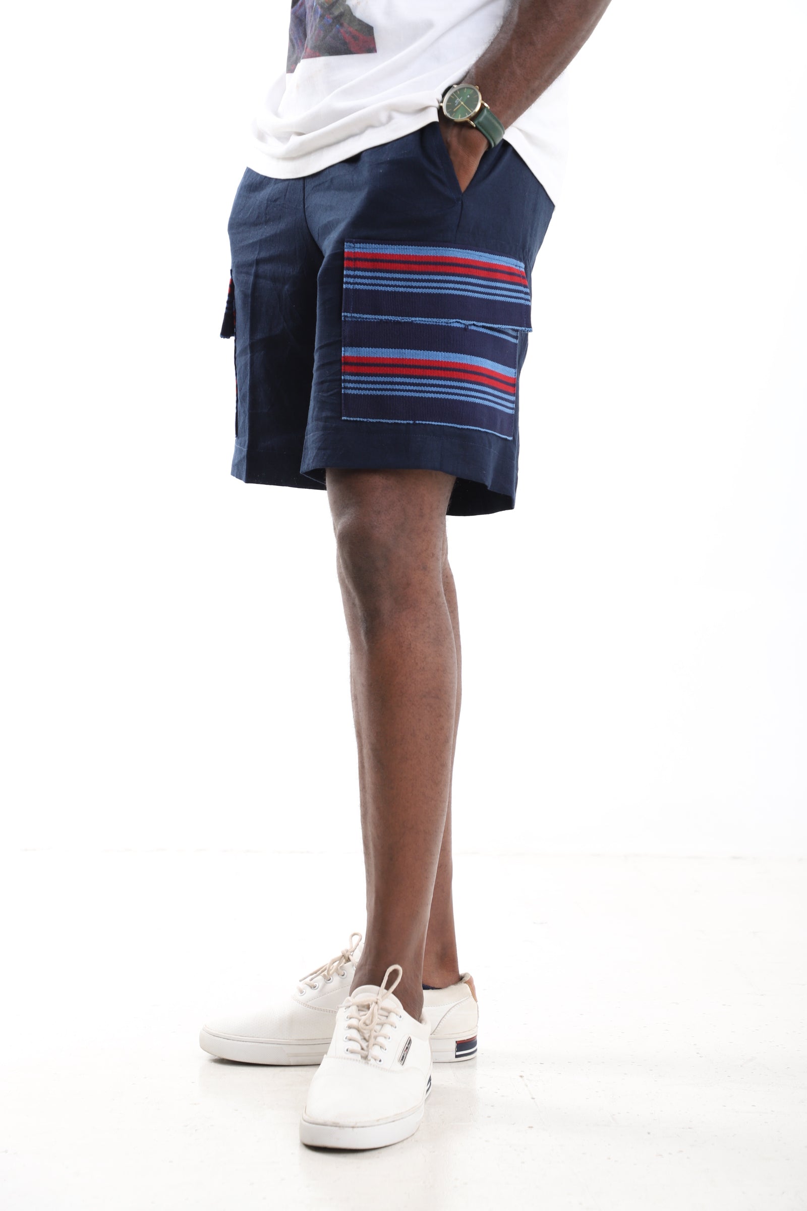 Navy Linen Cargo Shorts with Aso-Oke Accents