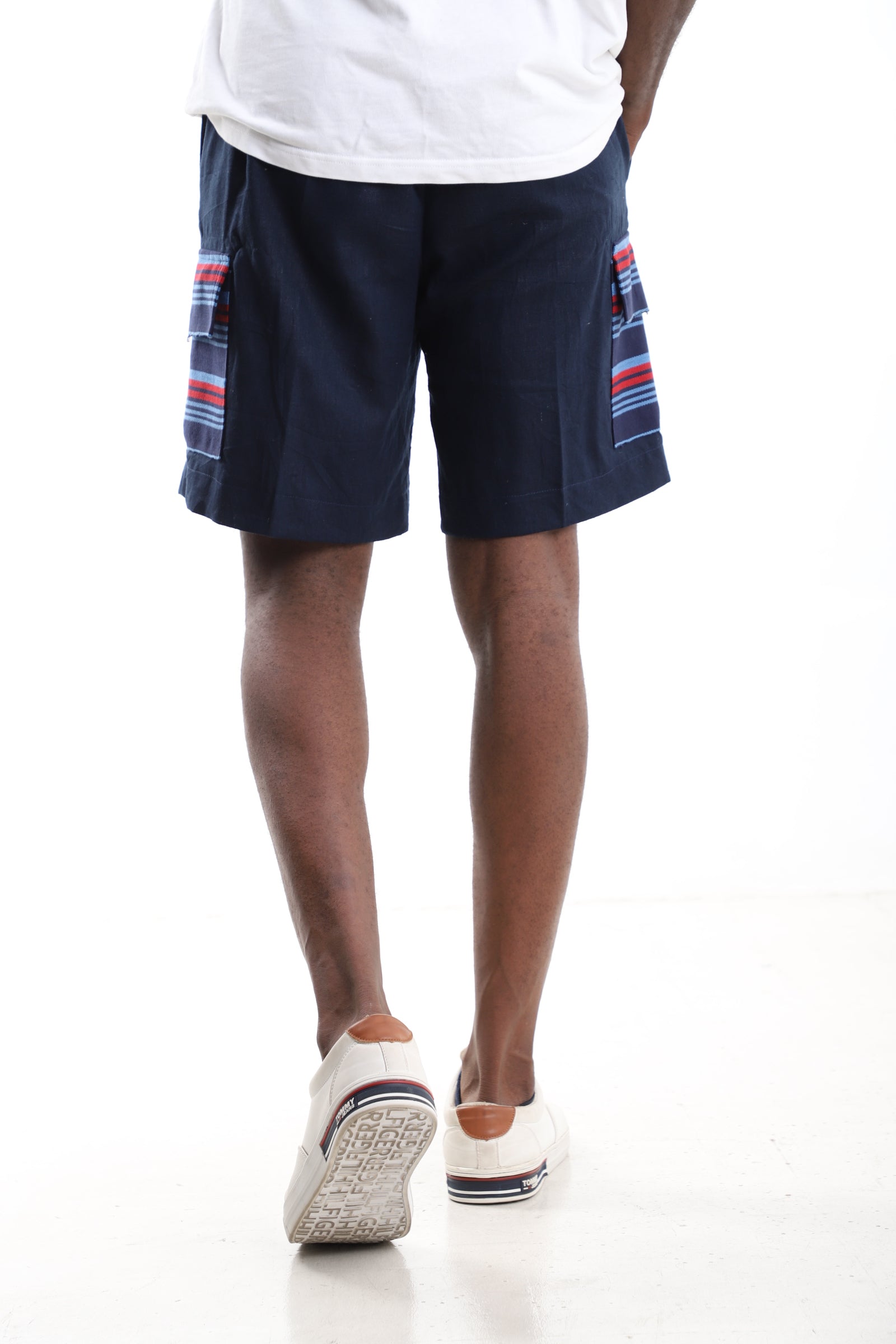 Navy Linen Cargo Shorts with Aso-Oke Accents