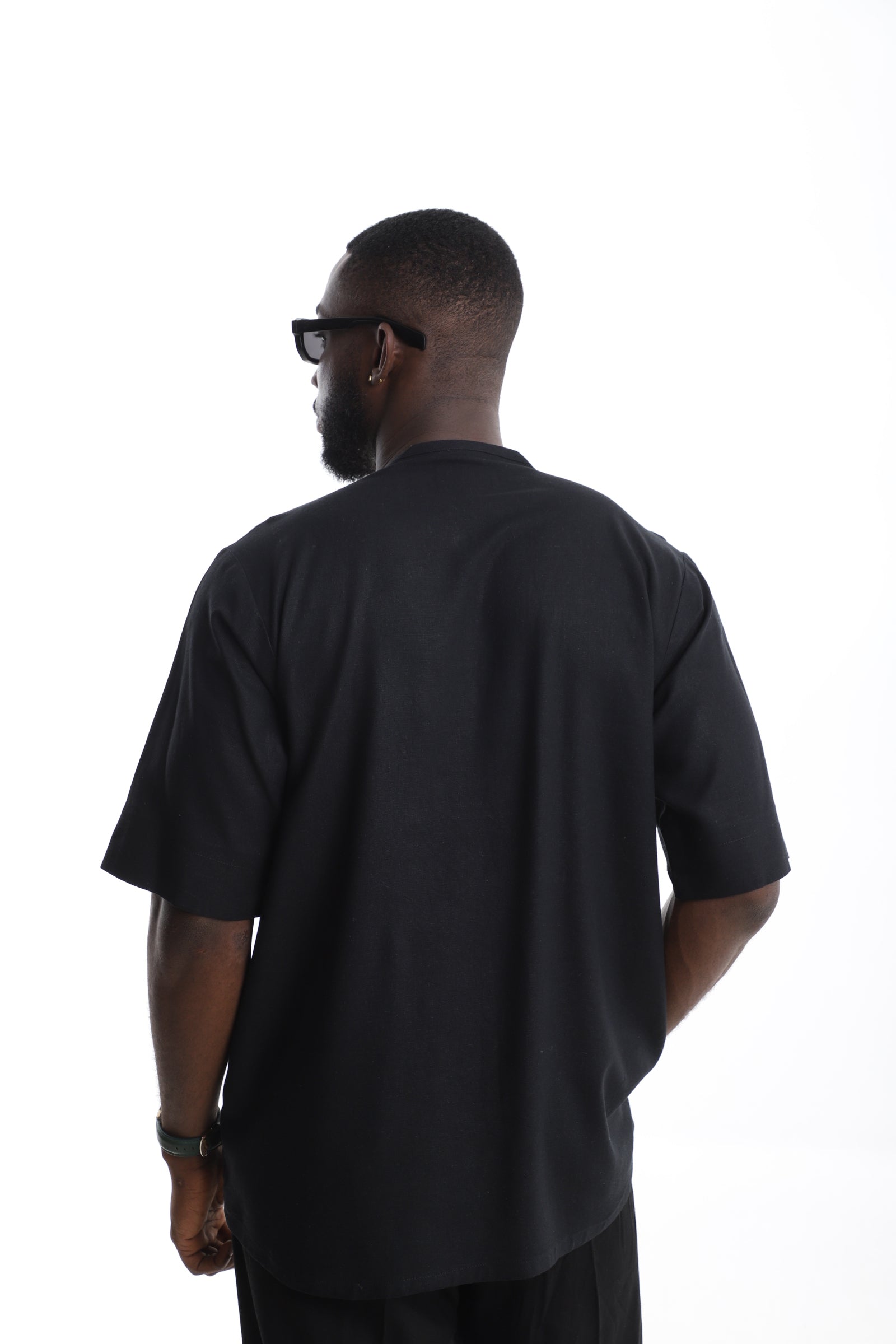 Black Linen Tunic with Batik-Print Pocket