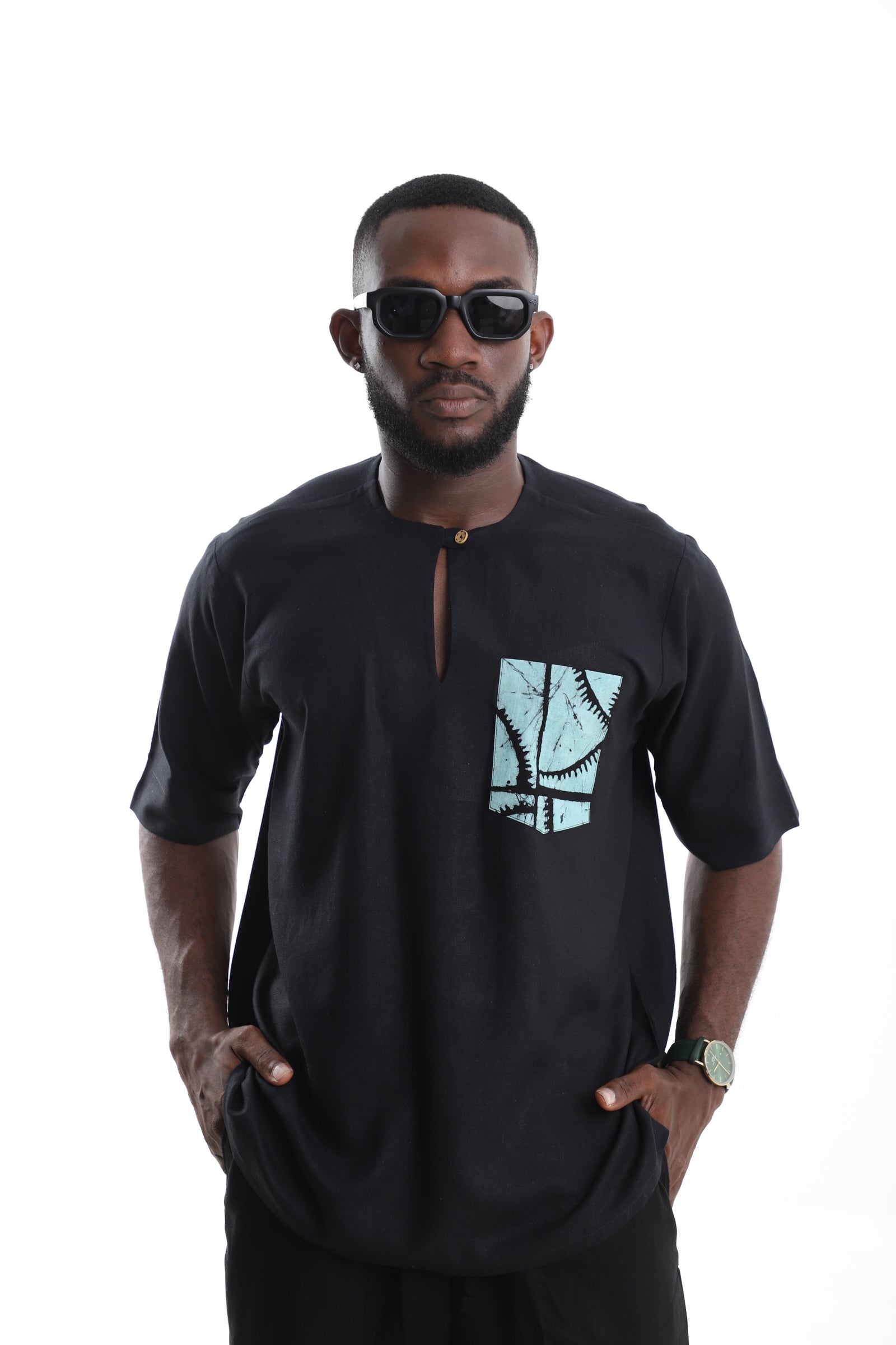 Black Linen Tunic with Batik-Print Pocket