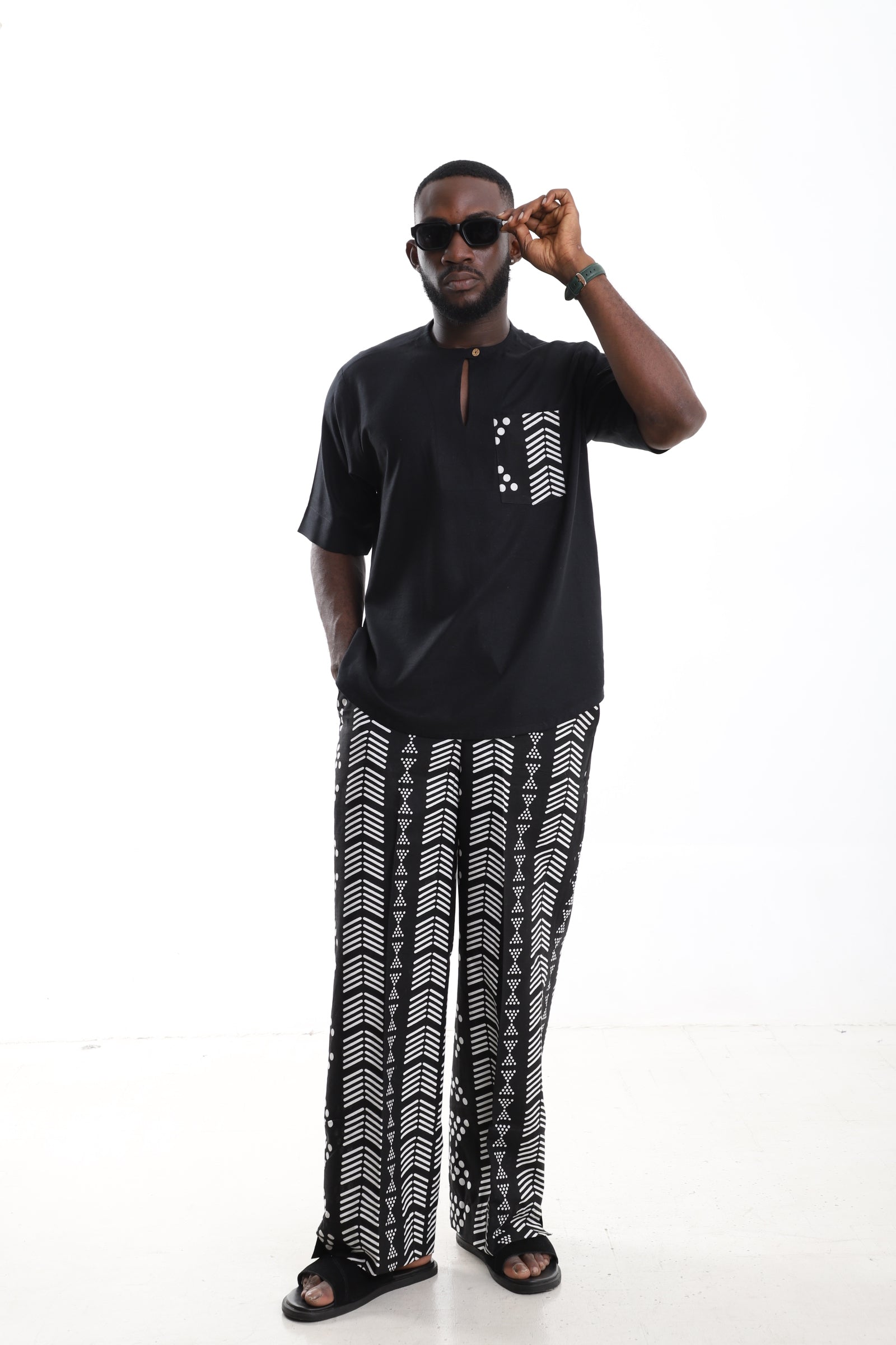 Monochrome Tribal Trousers & Minimalist Linen Top Set