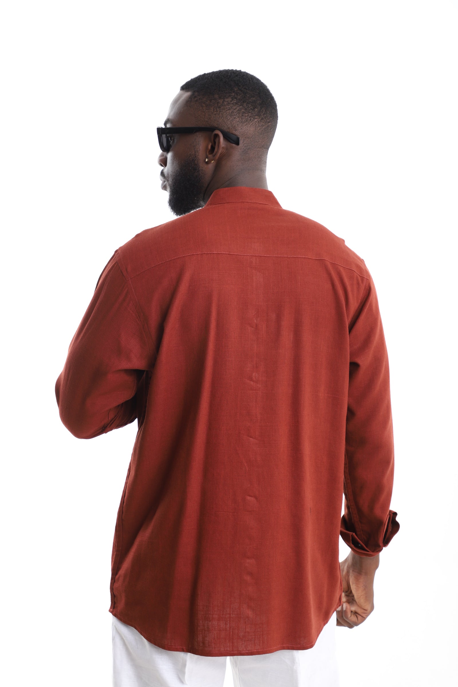 Men’s Terracotta Mandarin Collar Linen Shirt