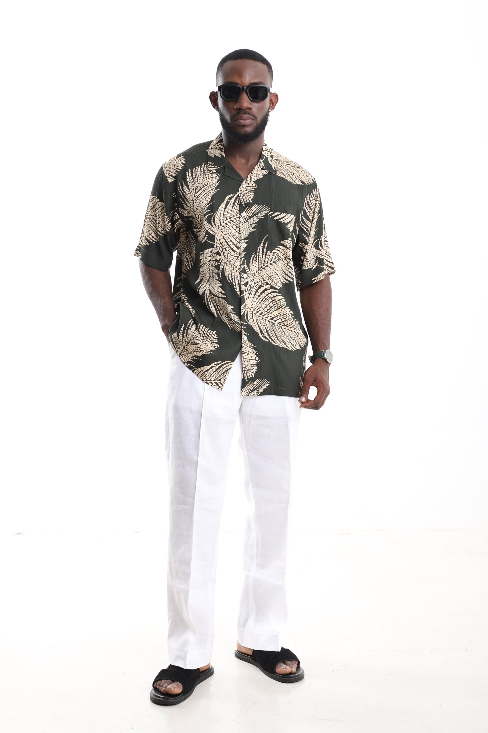 Tropical Palm Print Linen Two-Piece Set