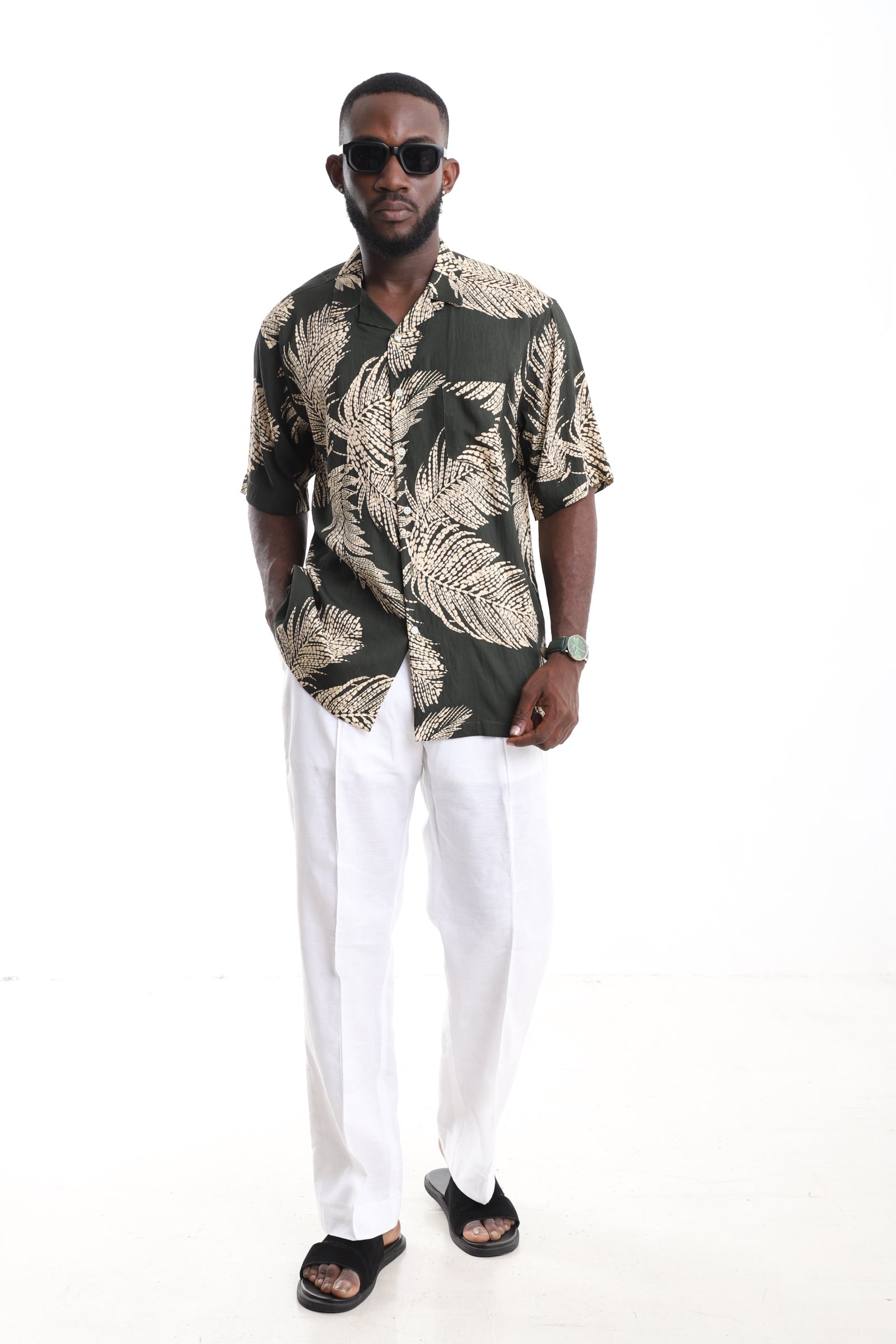 Tropical Palm Print Linen Two-Piece Set