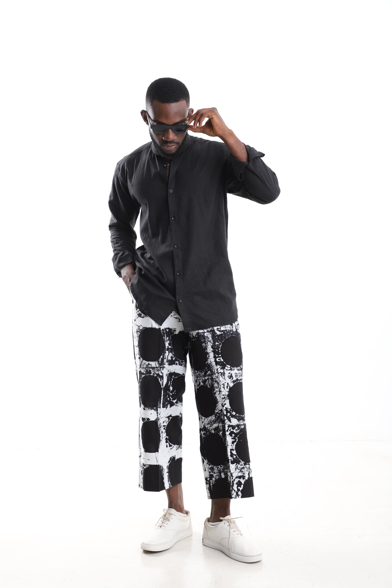 Black Linen Shirt & Adire Cropped Trousers Set