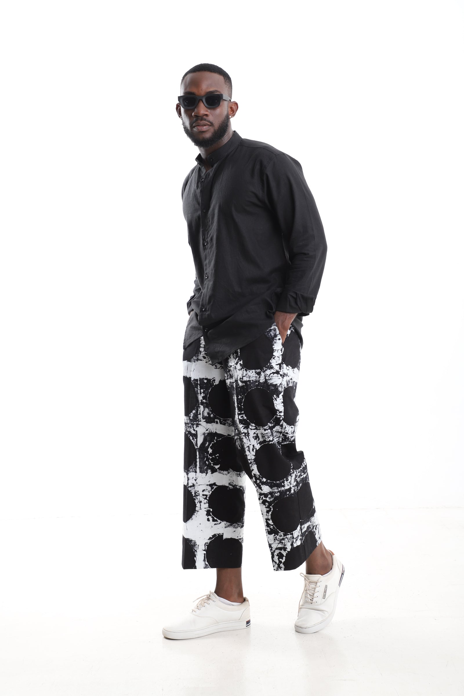 Black Linen Shirt & Adire Cropped Trousers Set