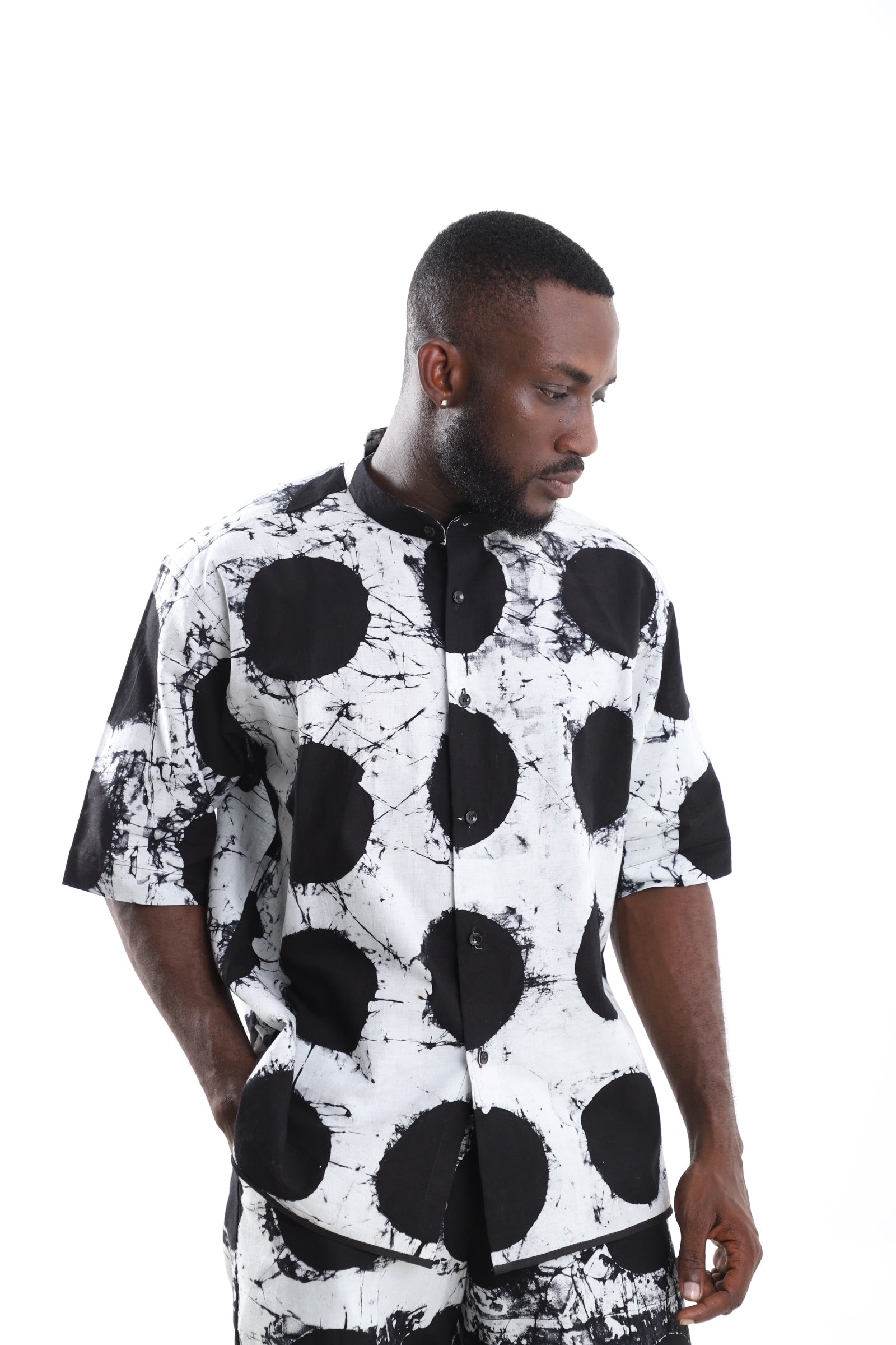 Monochrome Adire Polka-Dot Mandarin Shirt