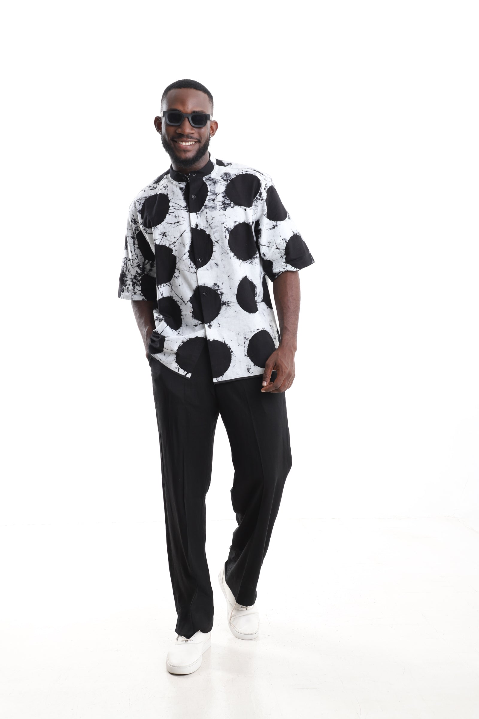 Monochrome Adire Polka-Dot Shirt & Black tailored Trousers Set