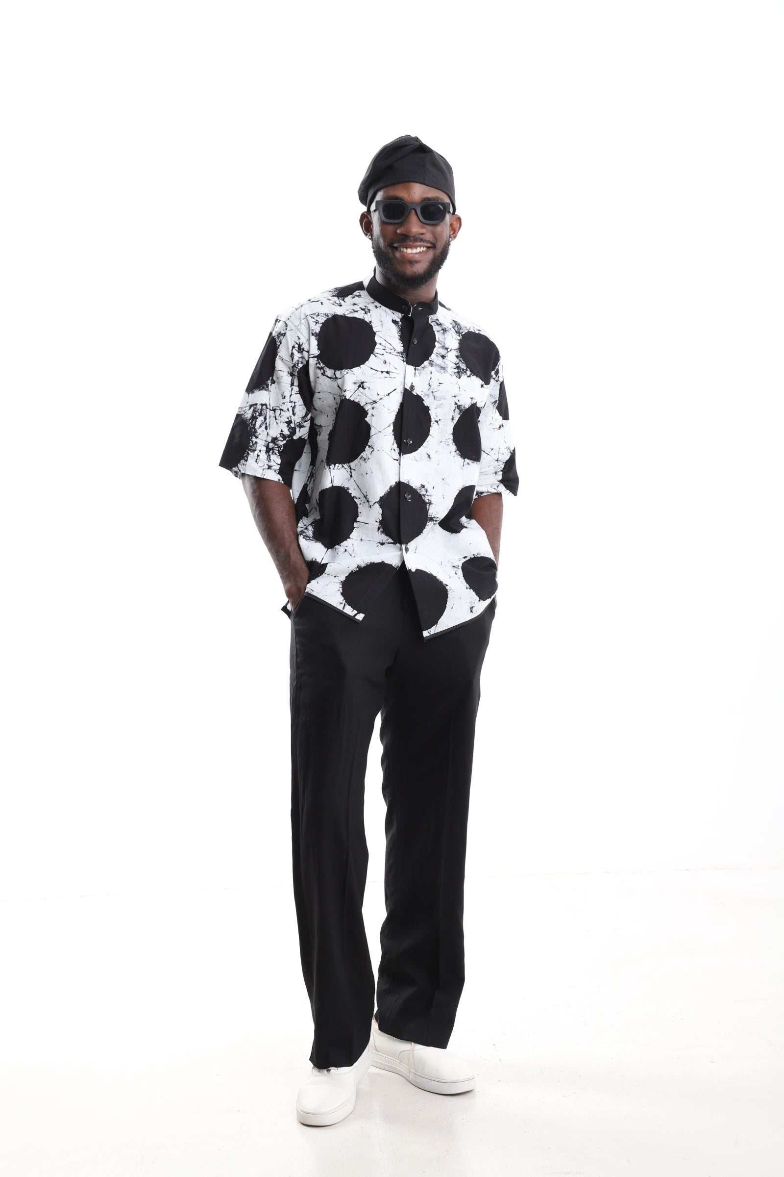 Monochrome Adire Polka-Dot Shirt & Black tailored Trousers Set