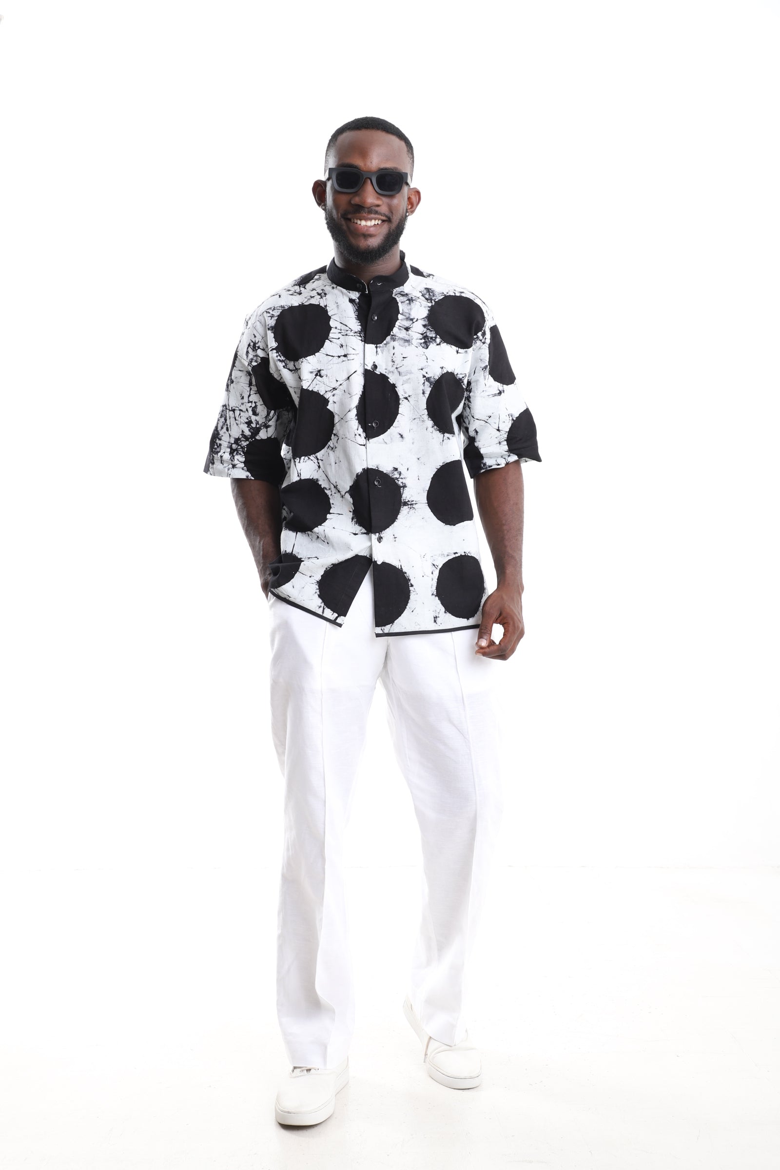 Monochrome Adire Polka-Dot Shirt & White Linen Pants Set