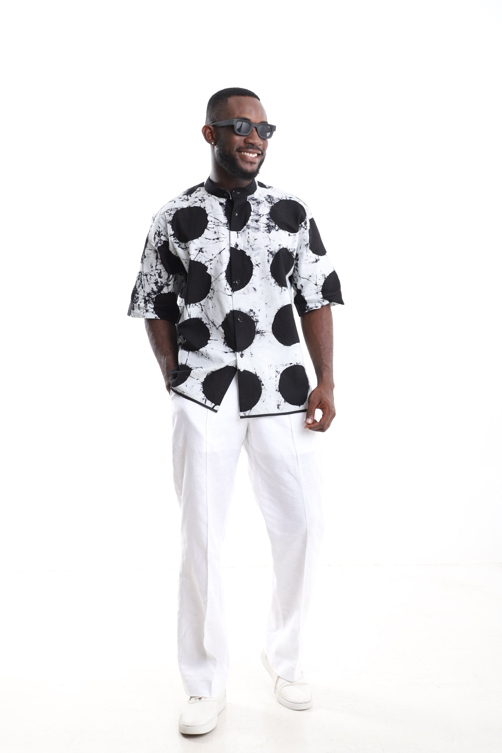 Monochrome Adire Polka-Dot Shirt & White Linen Pants Set