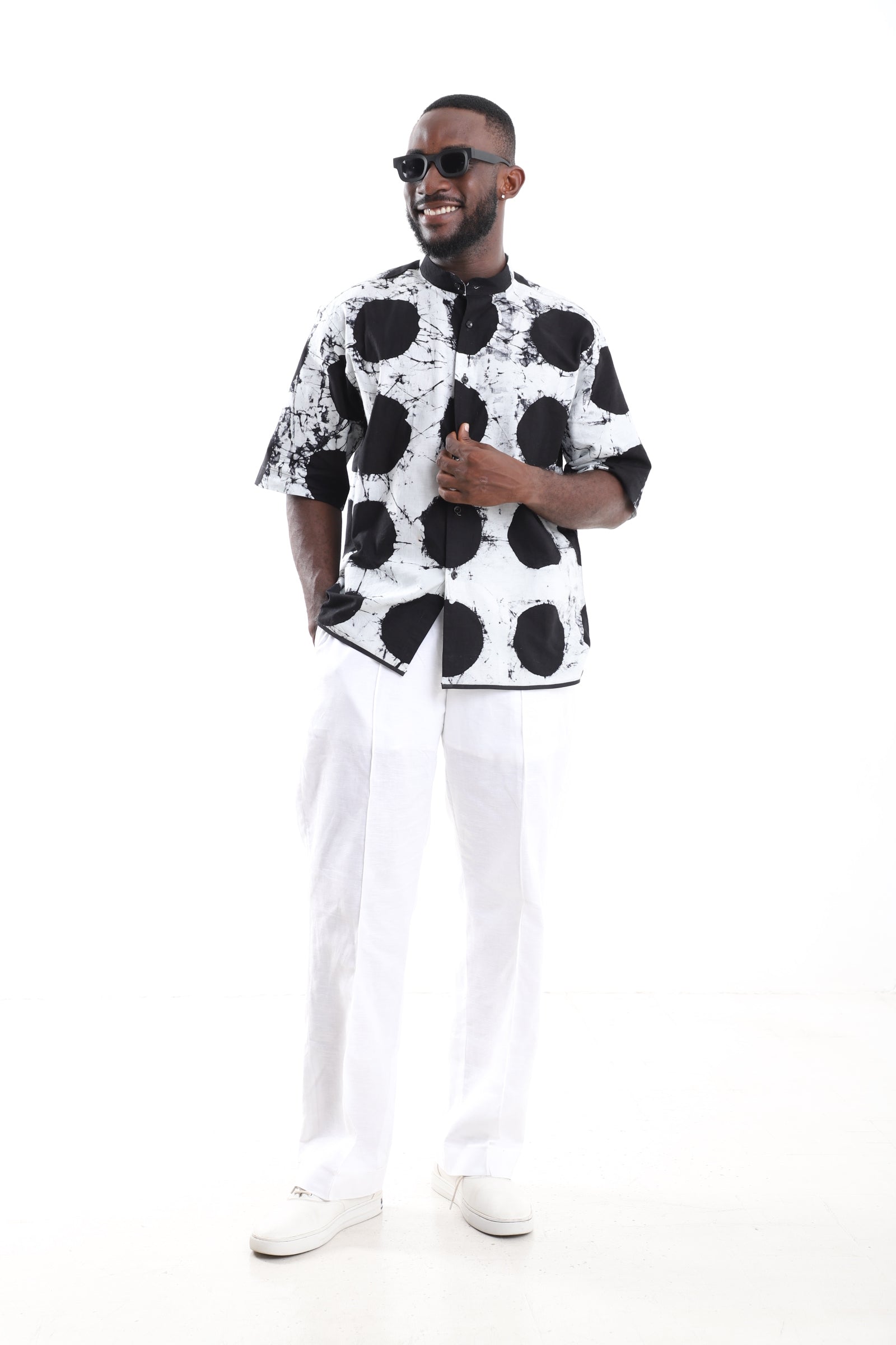 Monochrome Adire Polka-Dot Shirt & White Linen Pants Set