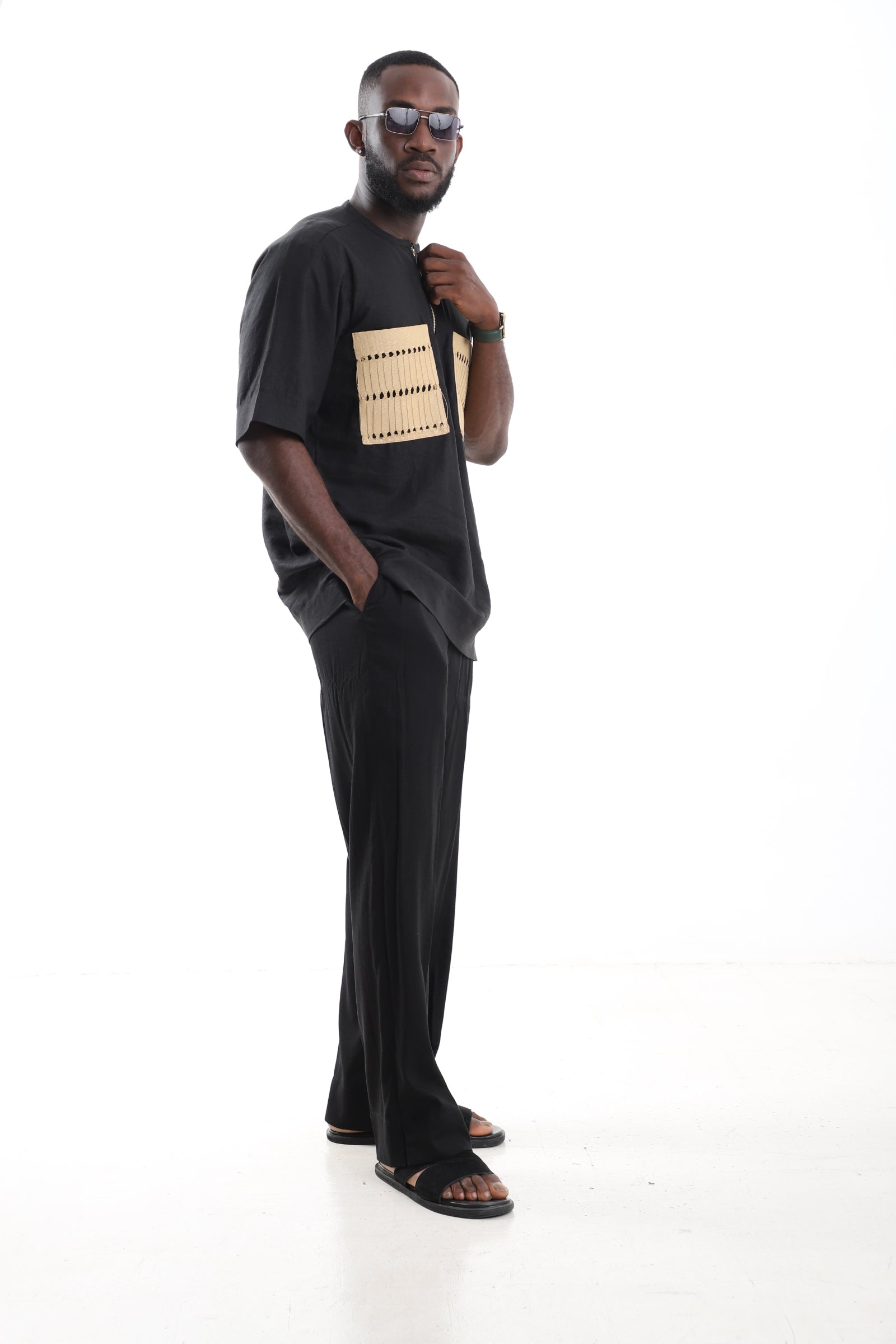 Premium Black Linen Utility Set with Dual Aso Oke Chest Panels