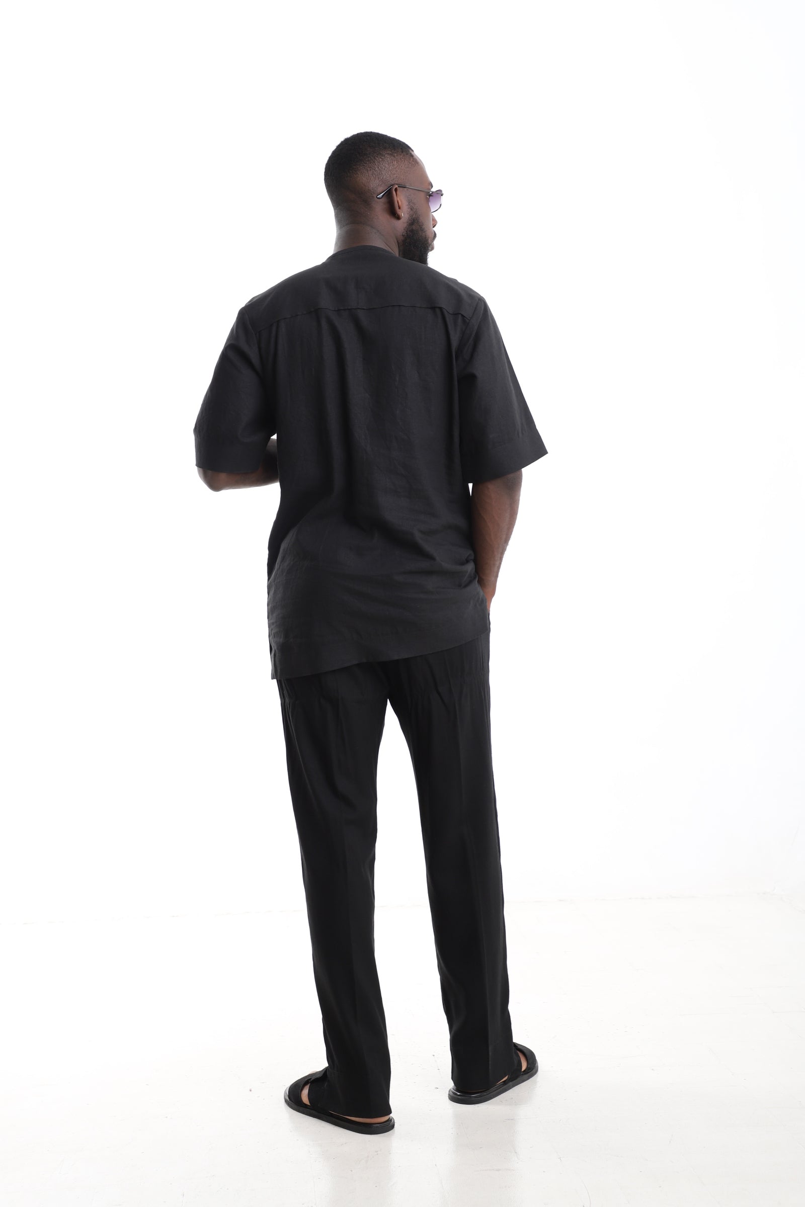 Premium Black Linen Utility Set with Dual Aso Oke Chest Panels