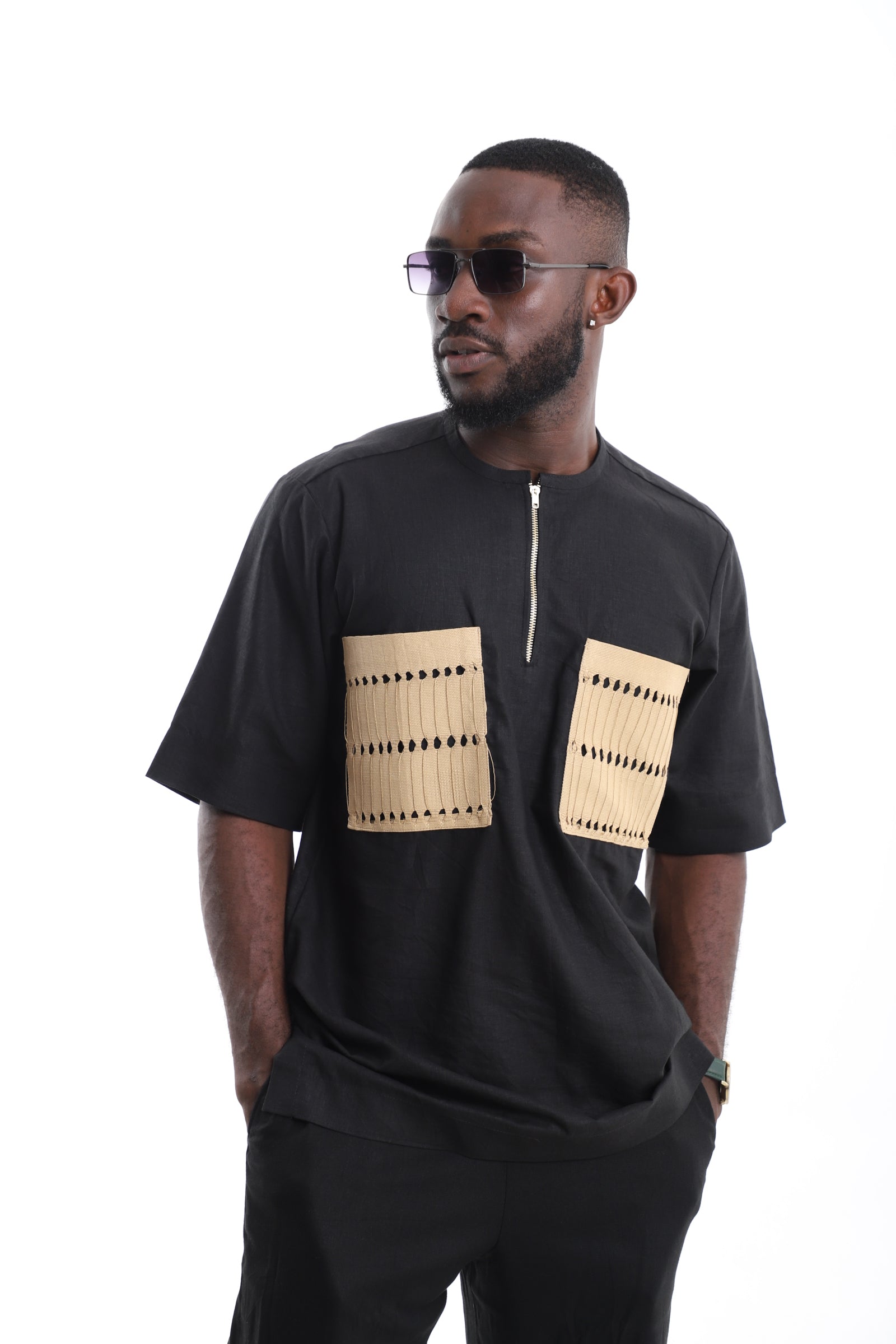 Black Linen Quarter-Zip Tunic