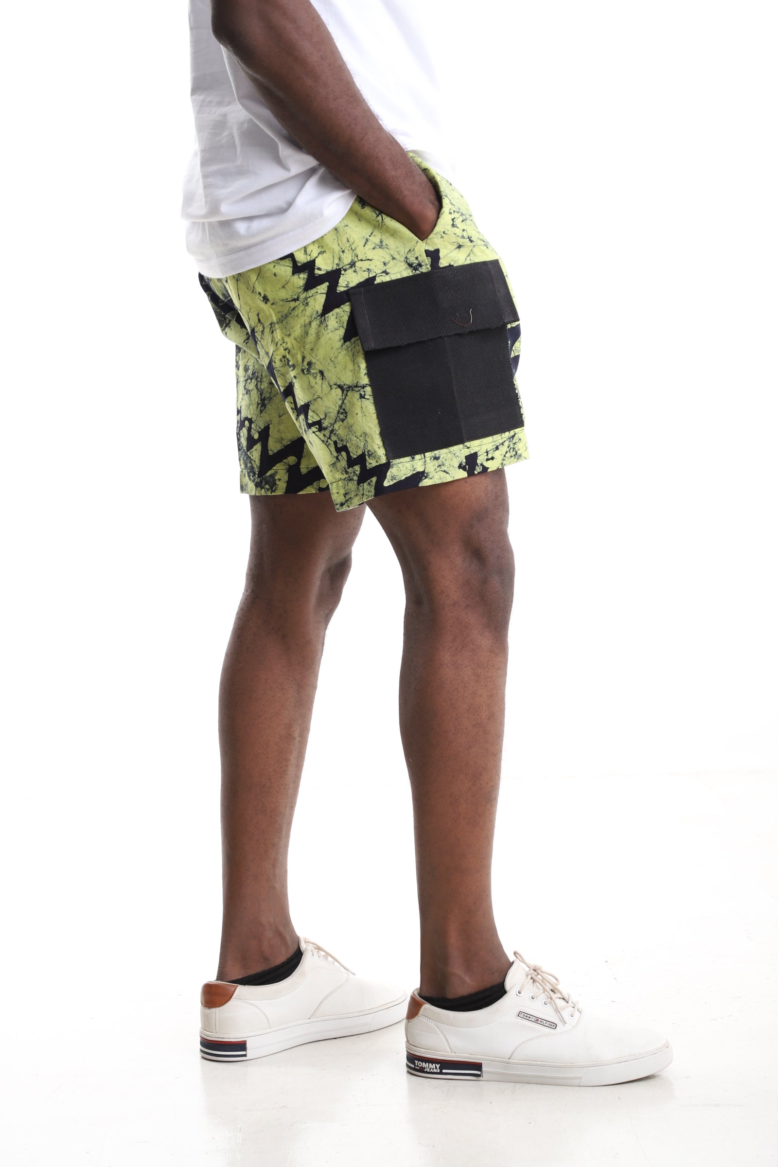 Premium Men's Lime Green Adire Cargo Shorts – Handcrafted African Heritage Streetwear