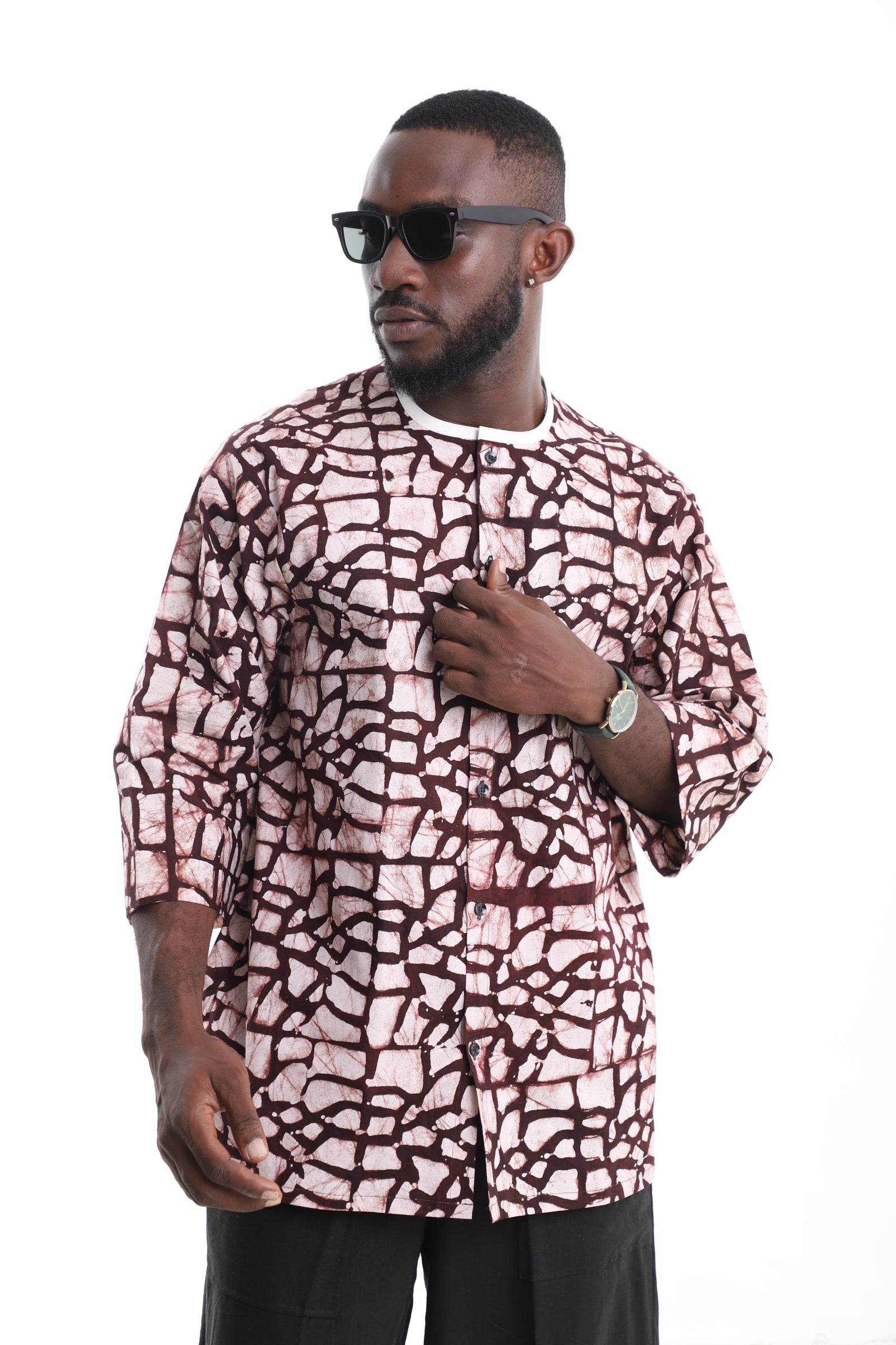 Premium Men's Earth-Tone Handcrafted Adire Tunic Top – Contemporary African Menswear