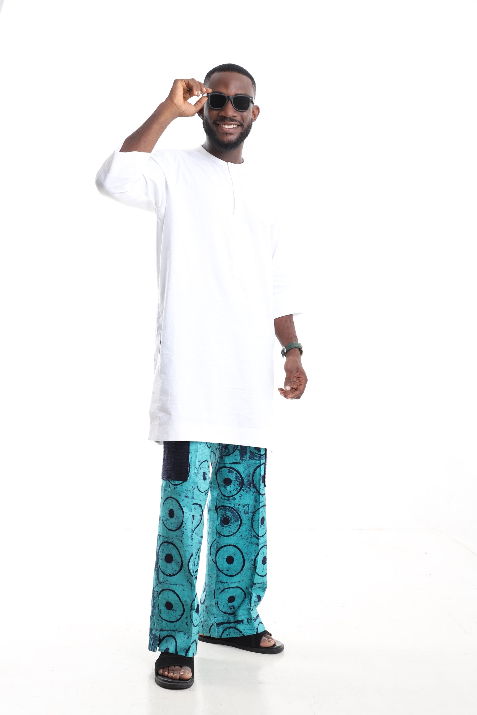 Premium 2-Piece African Menswear Set – White Minimalist Tunic Top & Handcrafted Turquoise Adire Cargo Pants with Contrast Aso-oke Pockets