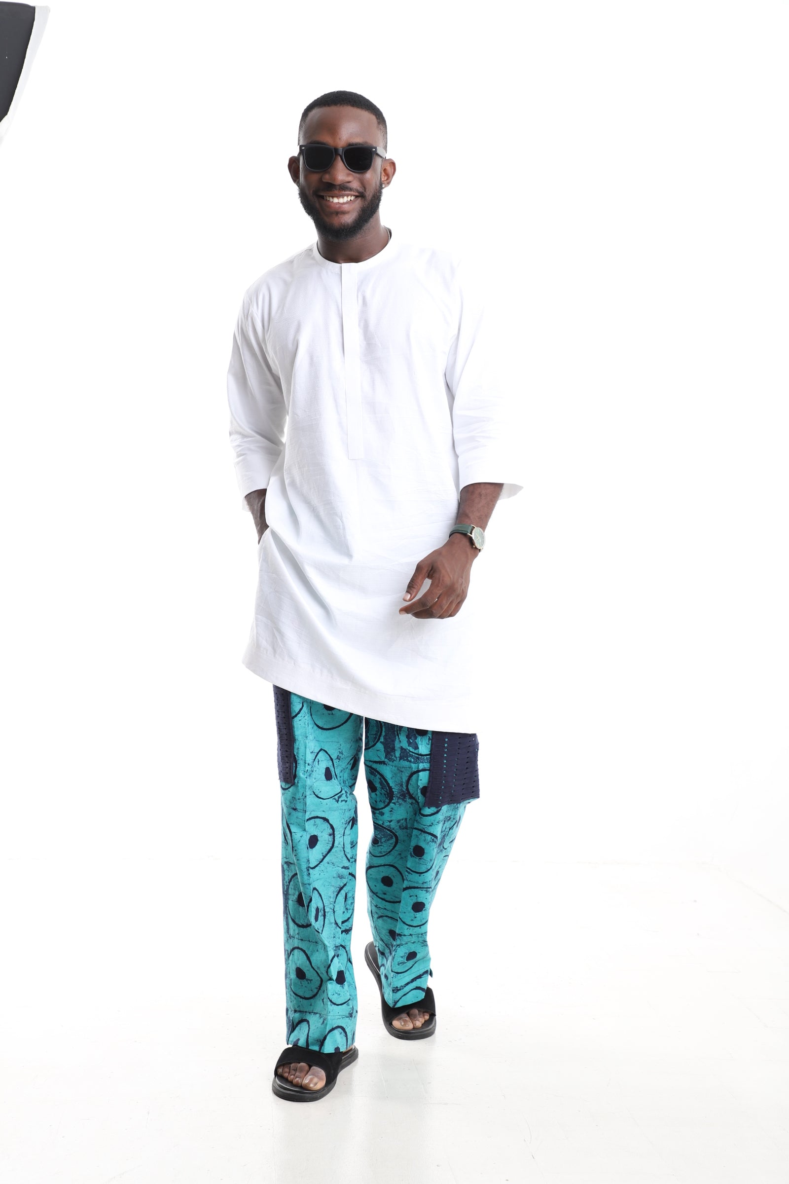 Premium 2-Piece African Menswear Set – White Minimalist Tunic Top & Handcrafted Turquoise Adire Cargo Pants with Contrast Aso-oke Pockets