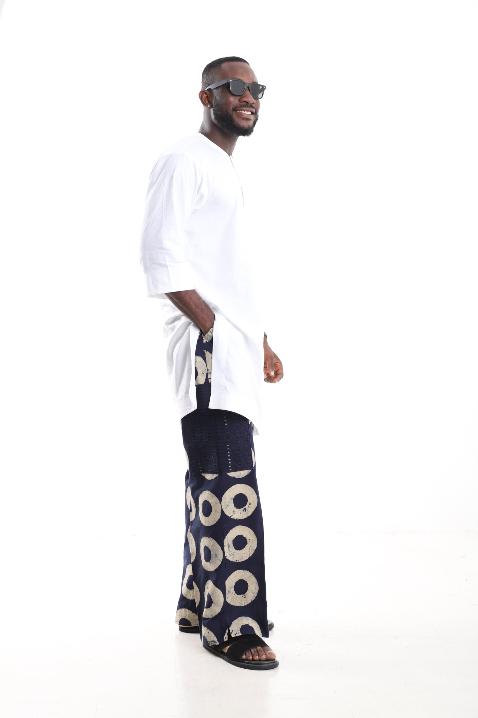 Premium 2-Piece African Menswear Set – White Minimalist Tunic Top & Handcrafted Navy Adire Cargo Pants with Aso-oke Pockets