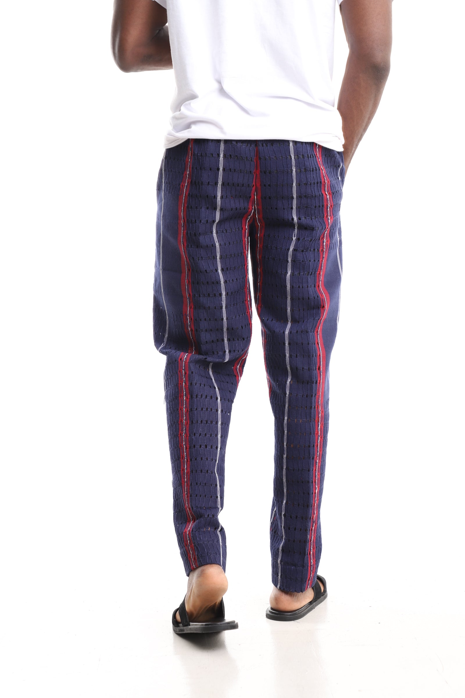 Men’s Luxury Handwoven Aso-Oke Cargo Pants – Indigo & Crimson Eyelet Stripe