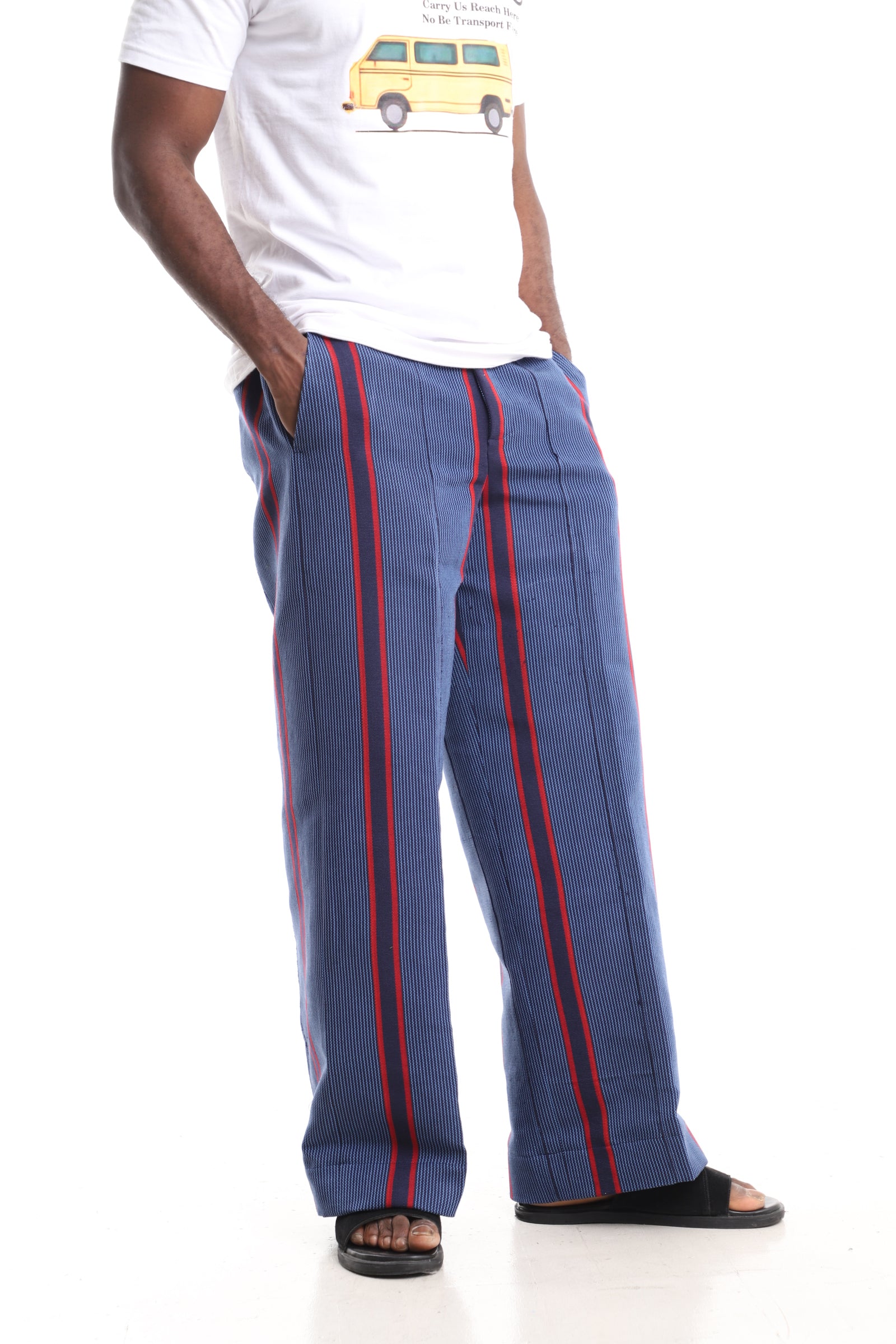 Men’s Luxury Handwoven Aso-Oke Cargo Pants – Slate Blue & Crimson Stripe