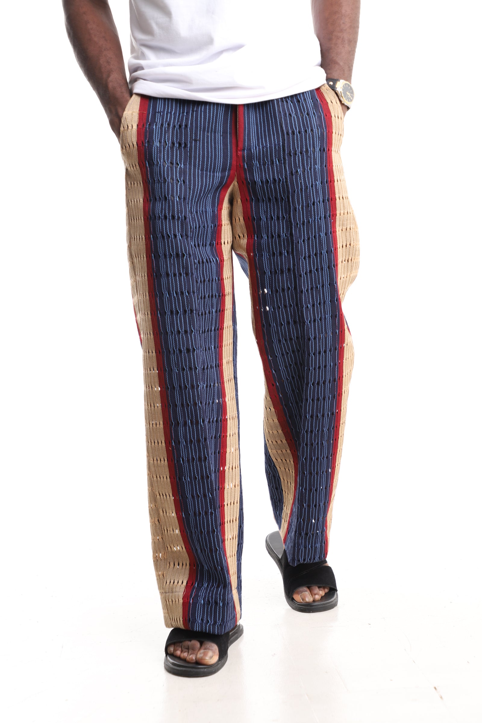 Men’s Luxury Handwoven Aso-Oke Cargo Pants – Multi-Tone Eyelet Stripe