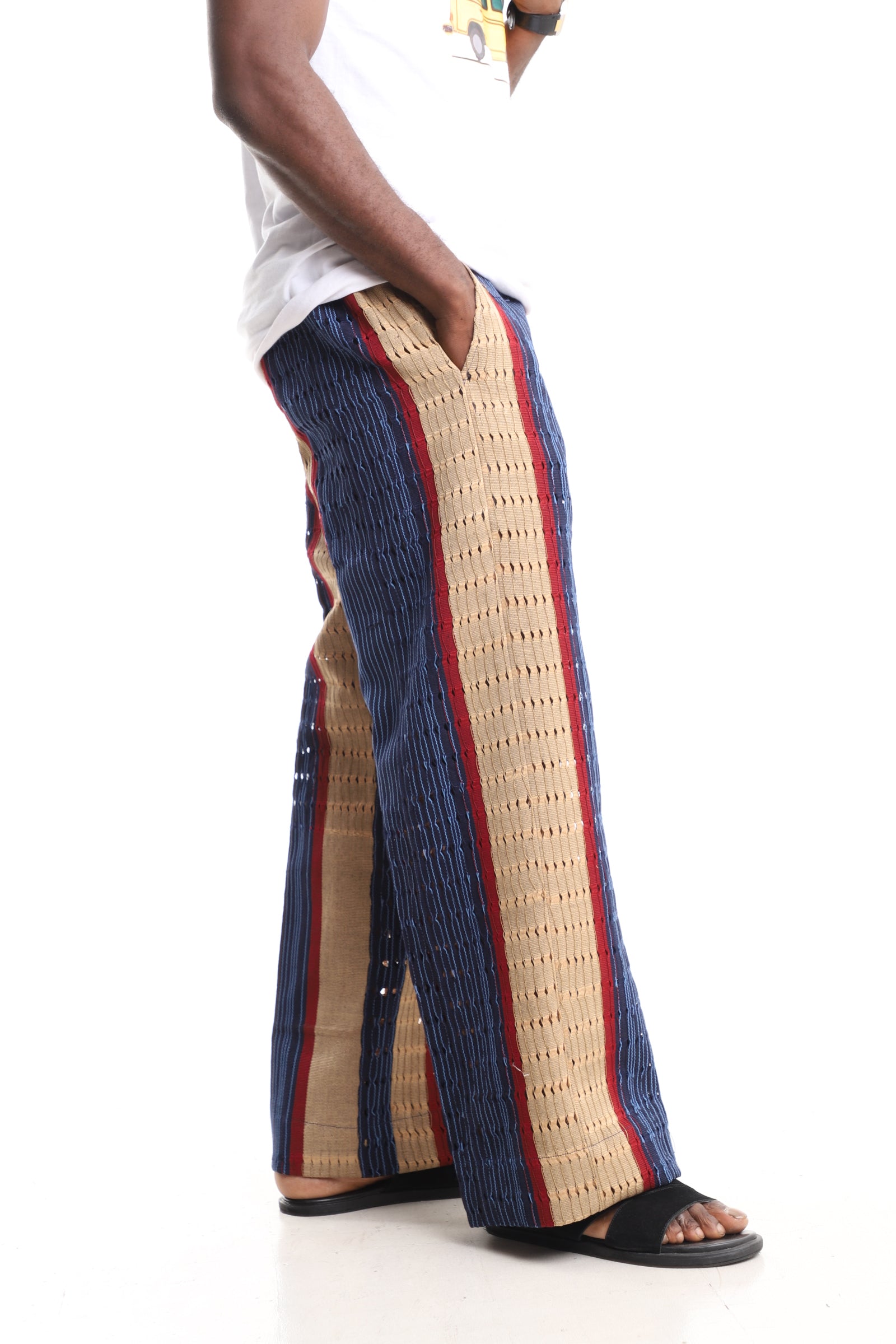 Men’s Luxury Handwoven Aso-Oke Cargo Pants – Multi-Tone Eyelet Stripe