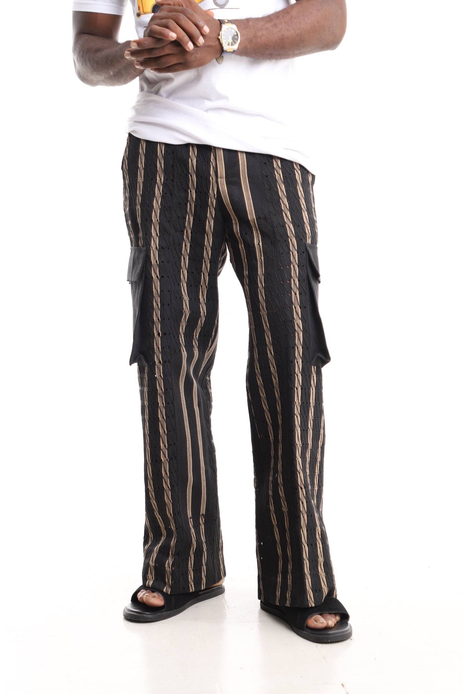 Men’s Luxury Handwoven Aso-Oke Cargo Pants – Black & Gold Textured Stripe