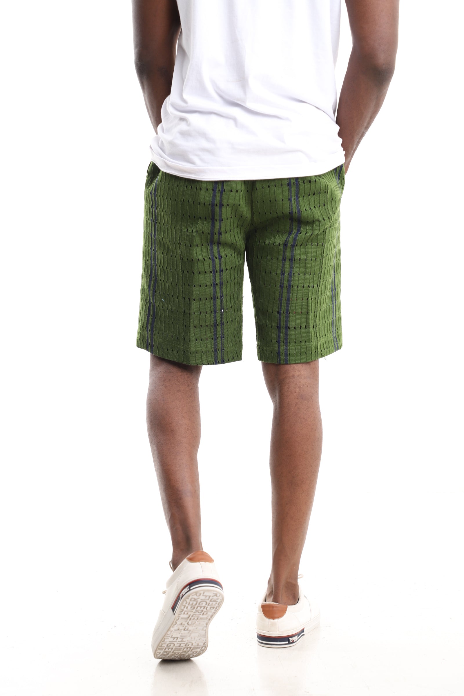 Men’s Luxury Handwoven Aso-Oke Shorts – Olive Eyelet Stripe