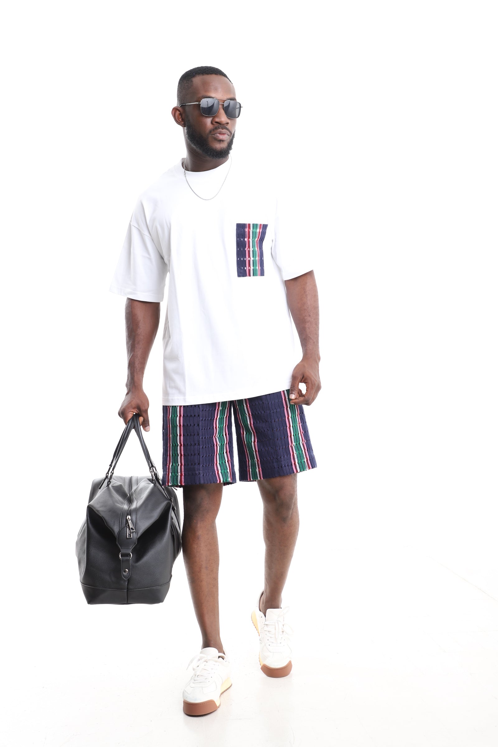 Men’s African Aso-Oke Two-Piece Set | White Pocket T-Shirt & Perforated Cargo Shorts